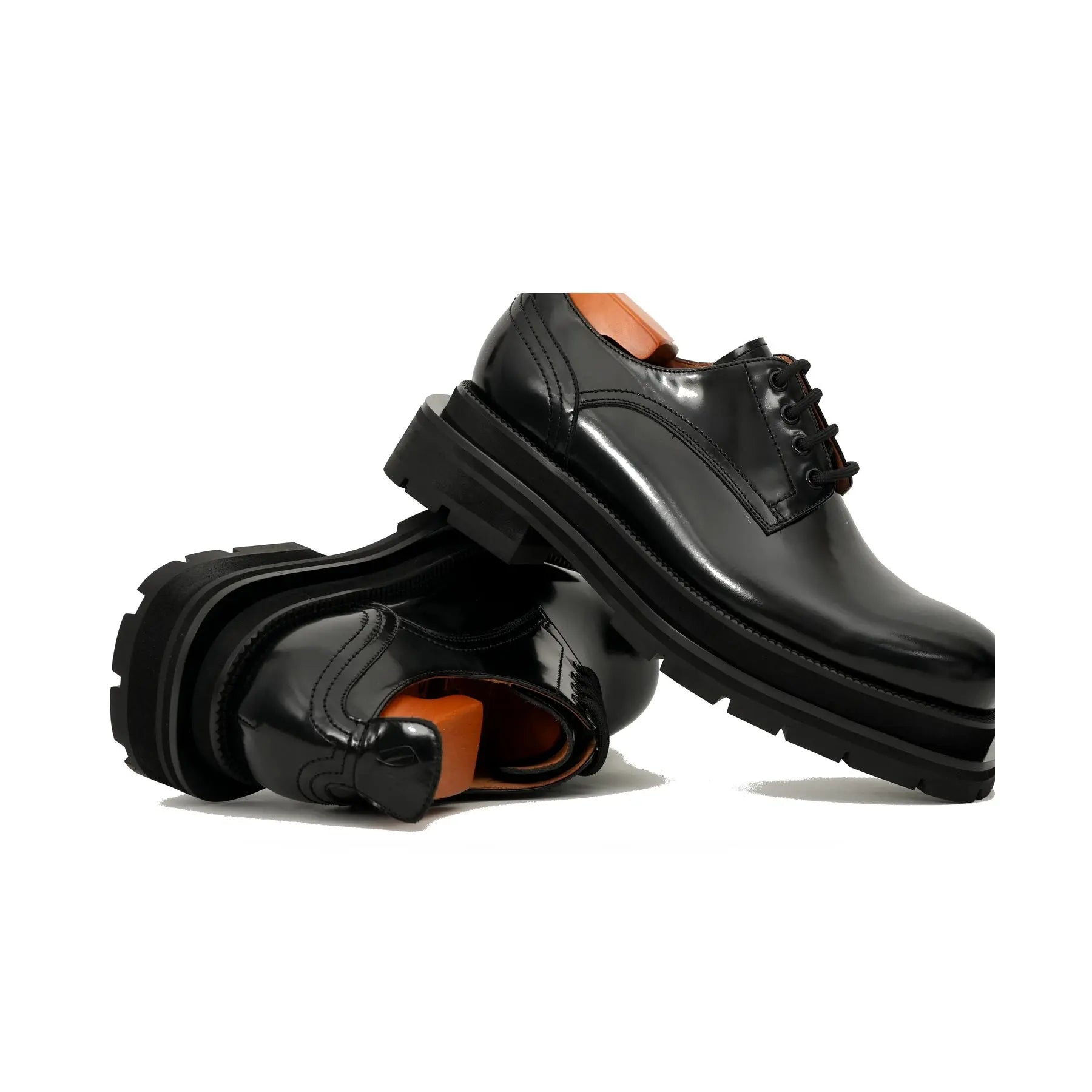 Black Polished Lug Sole Derby Shoes
