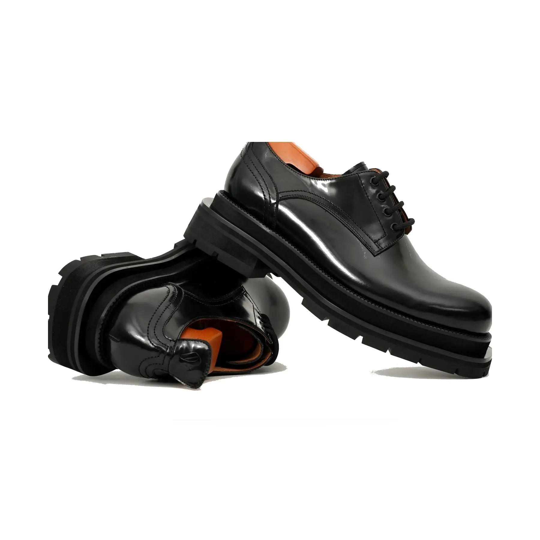 Black Polished Lug Sole Derby Shoes