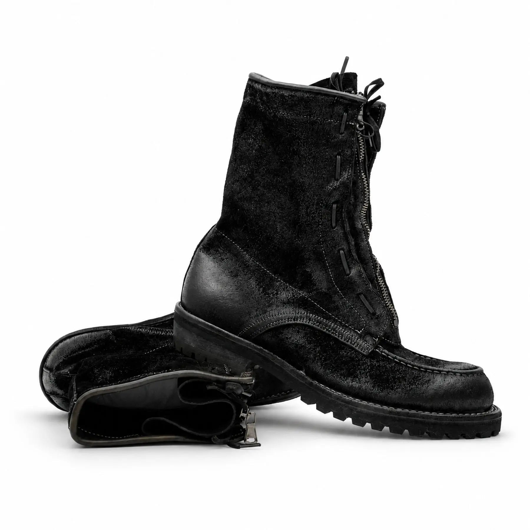 Black Textured Zip Lace-Up Boots