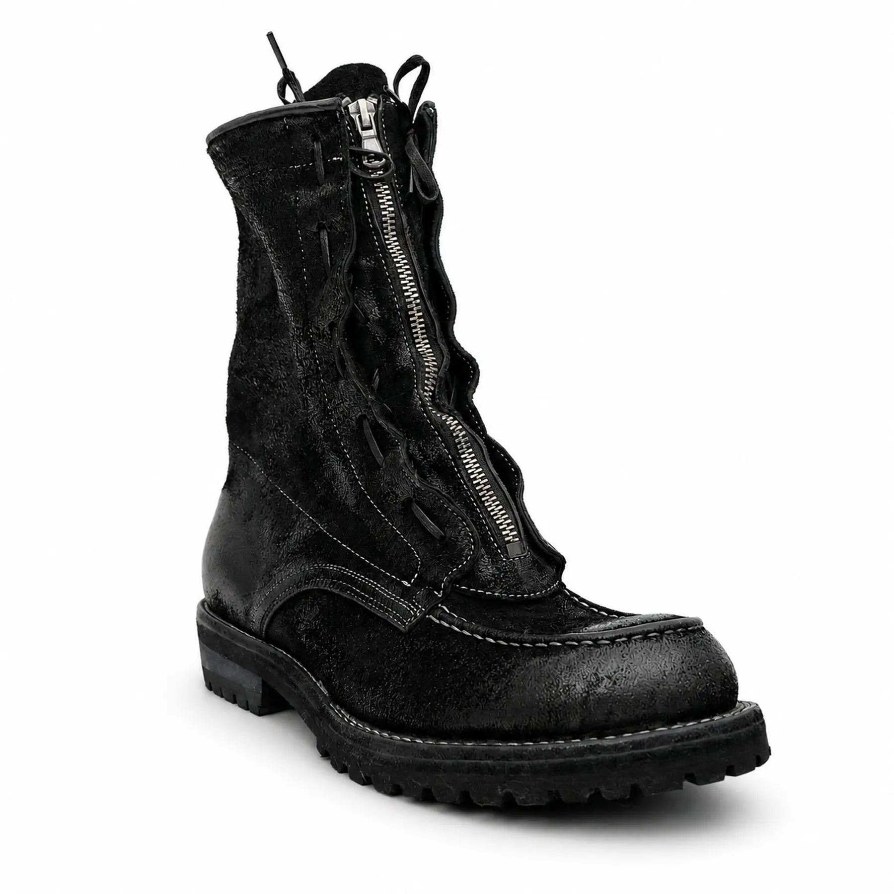 Black Textured Zip Lace-Up Boots