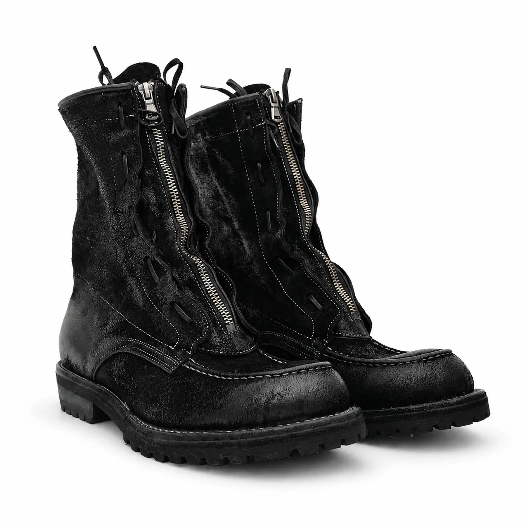 Black Textured Zip Lace-Up Boots