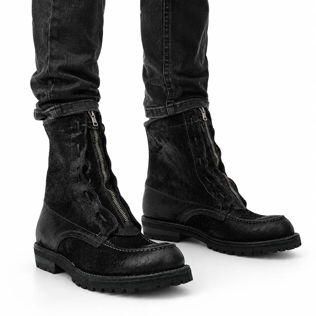 Black Textured Zip Lace-Up Boots