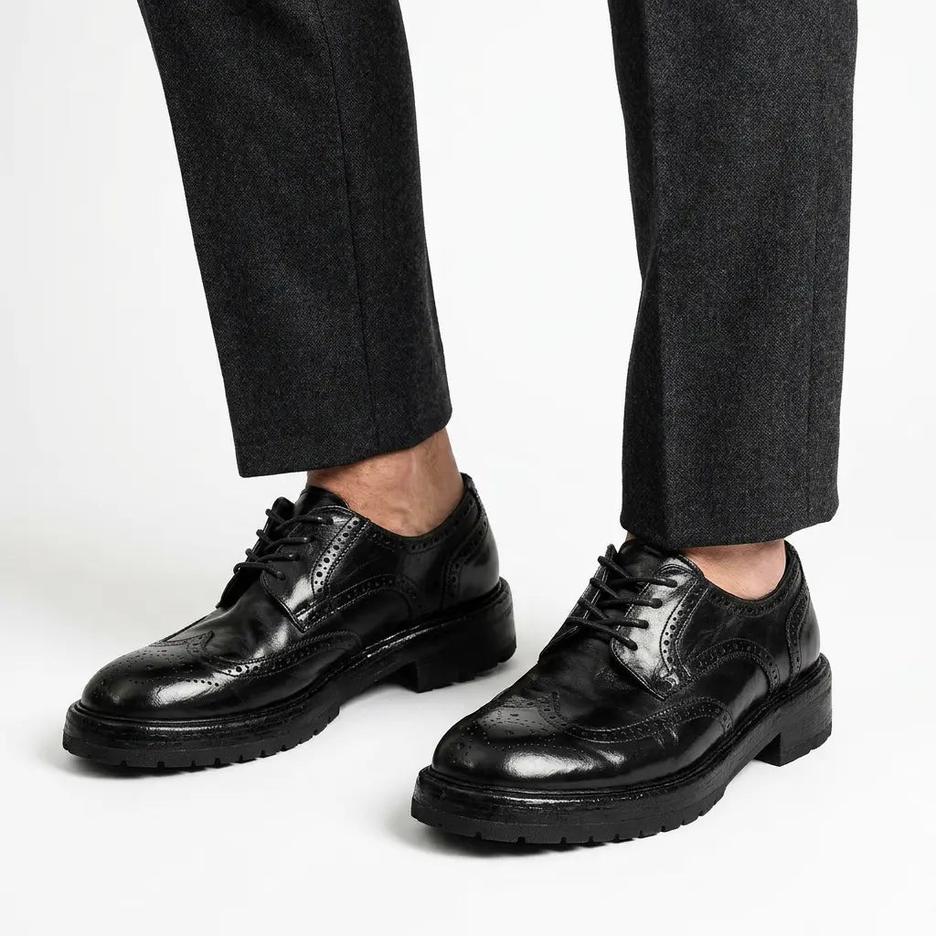 Black Washed Leather Brogue Derby