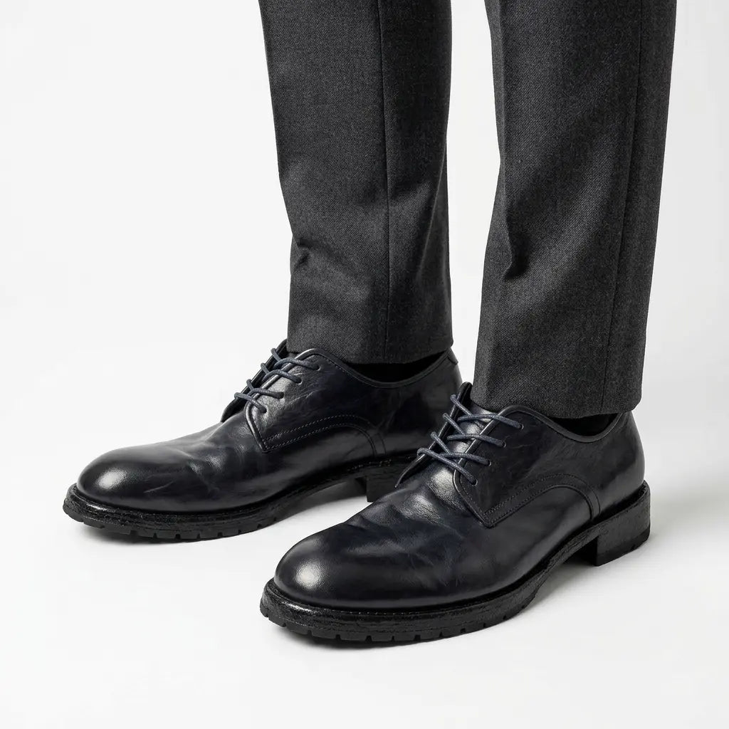 Black Washed Leather Plain Derby