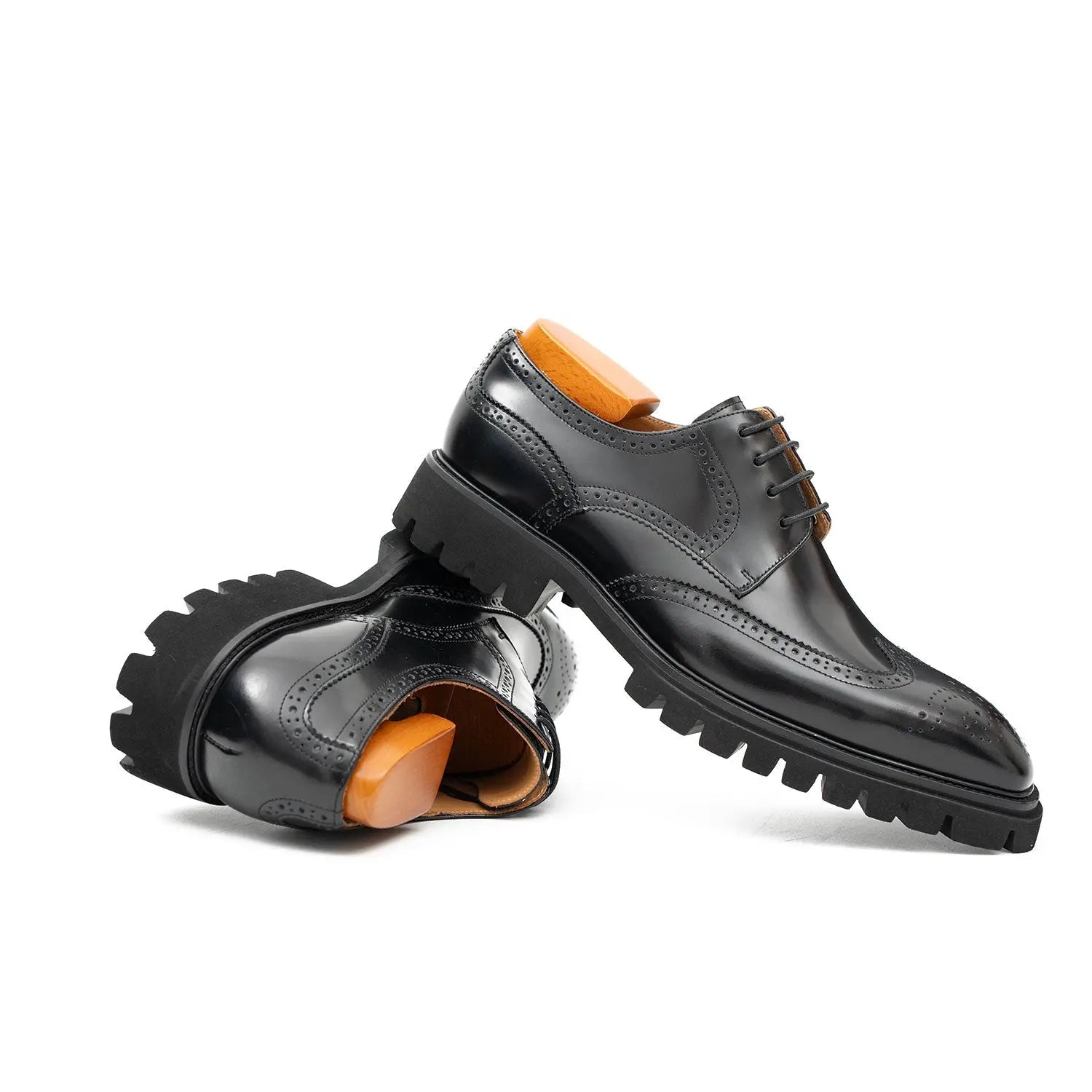 Black Brogue Derby Shoes with Lug Sole