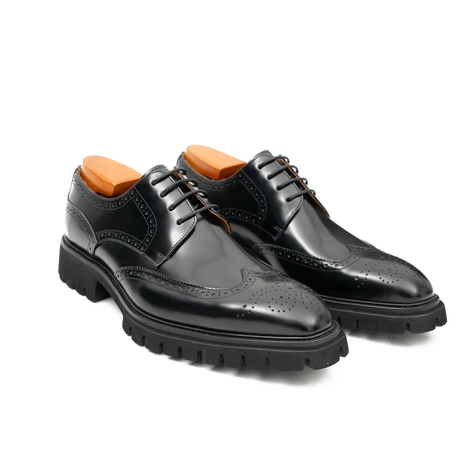 Black Brogue Derby Shoes with Lug Sole