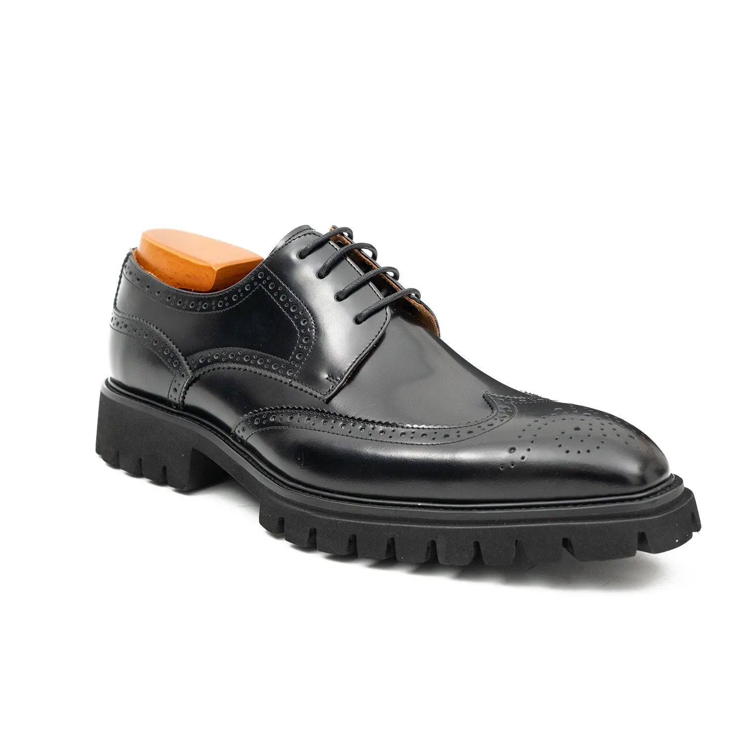 Black Brogue Derby Shoes with Lug Sole