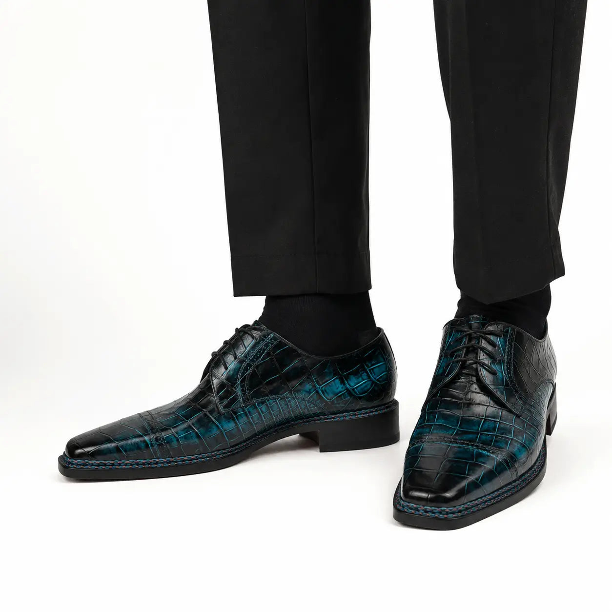 Blue Croc Cap-Toe Derby