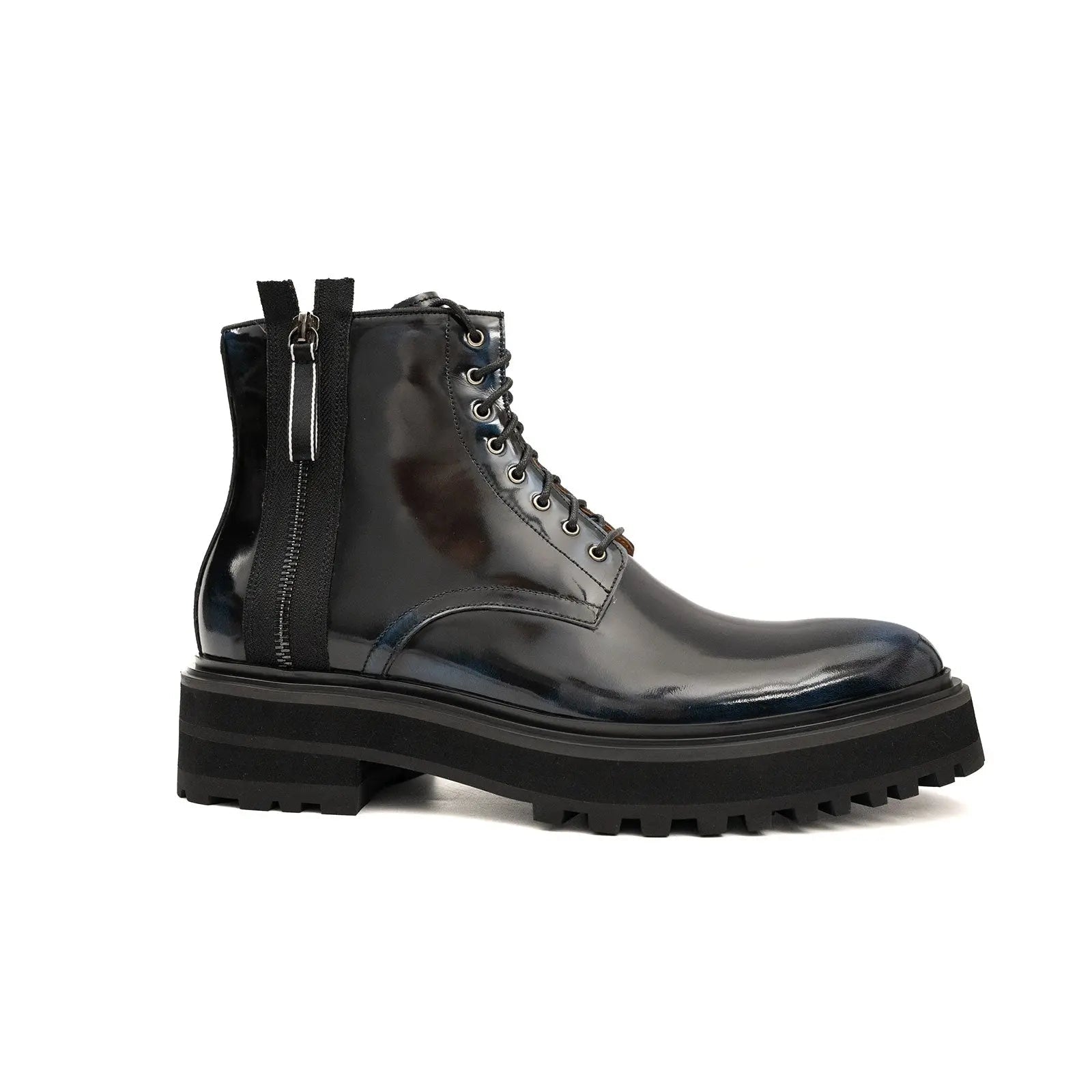 Black Polished Lace-Up Lug Boots