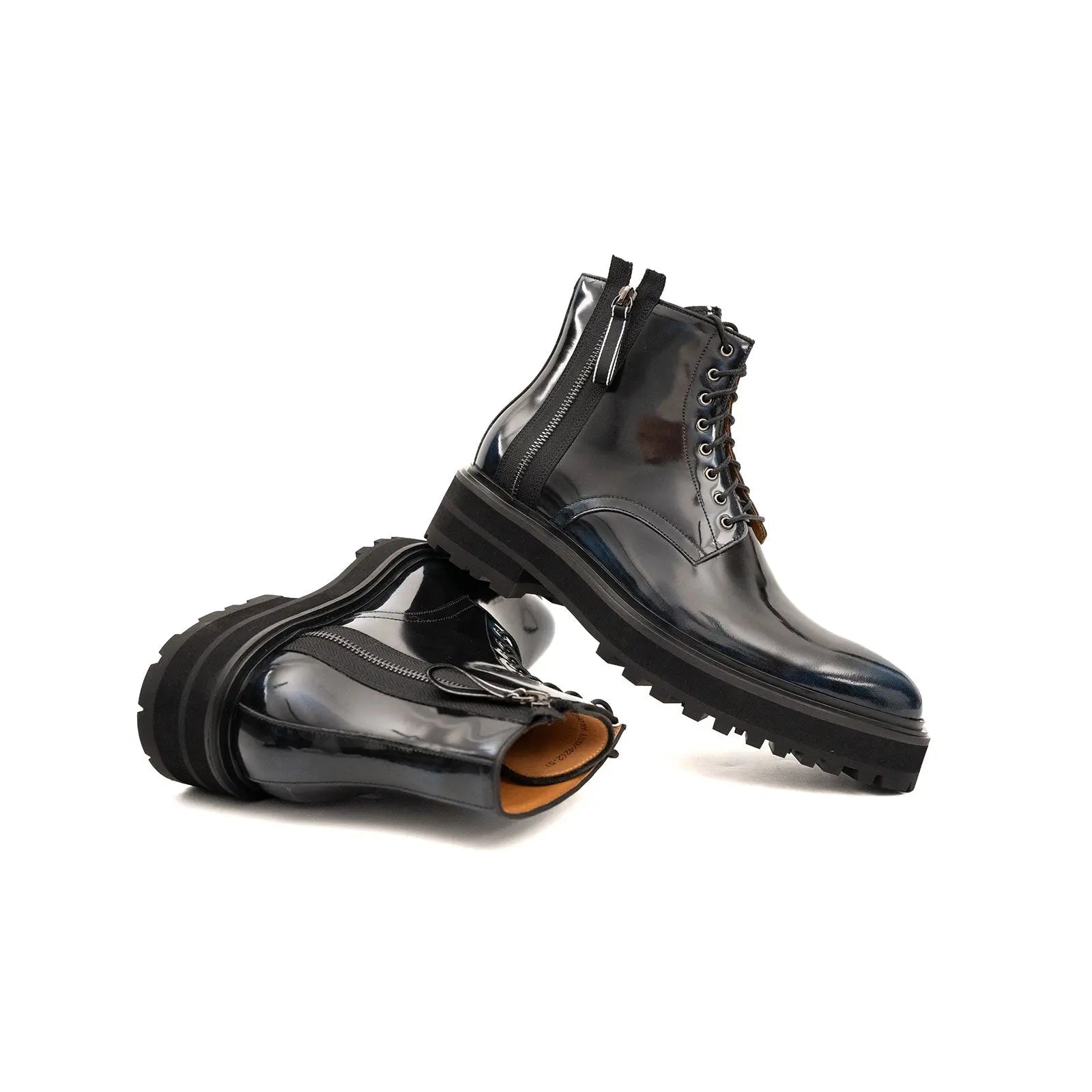 Black Polished Lace-Up Lug Boots