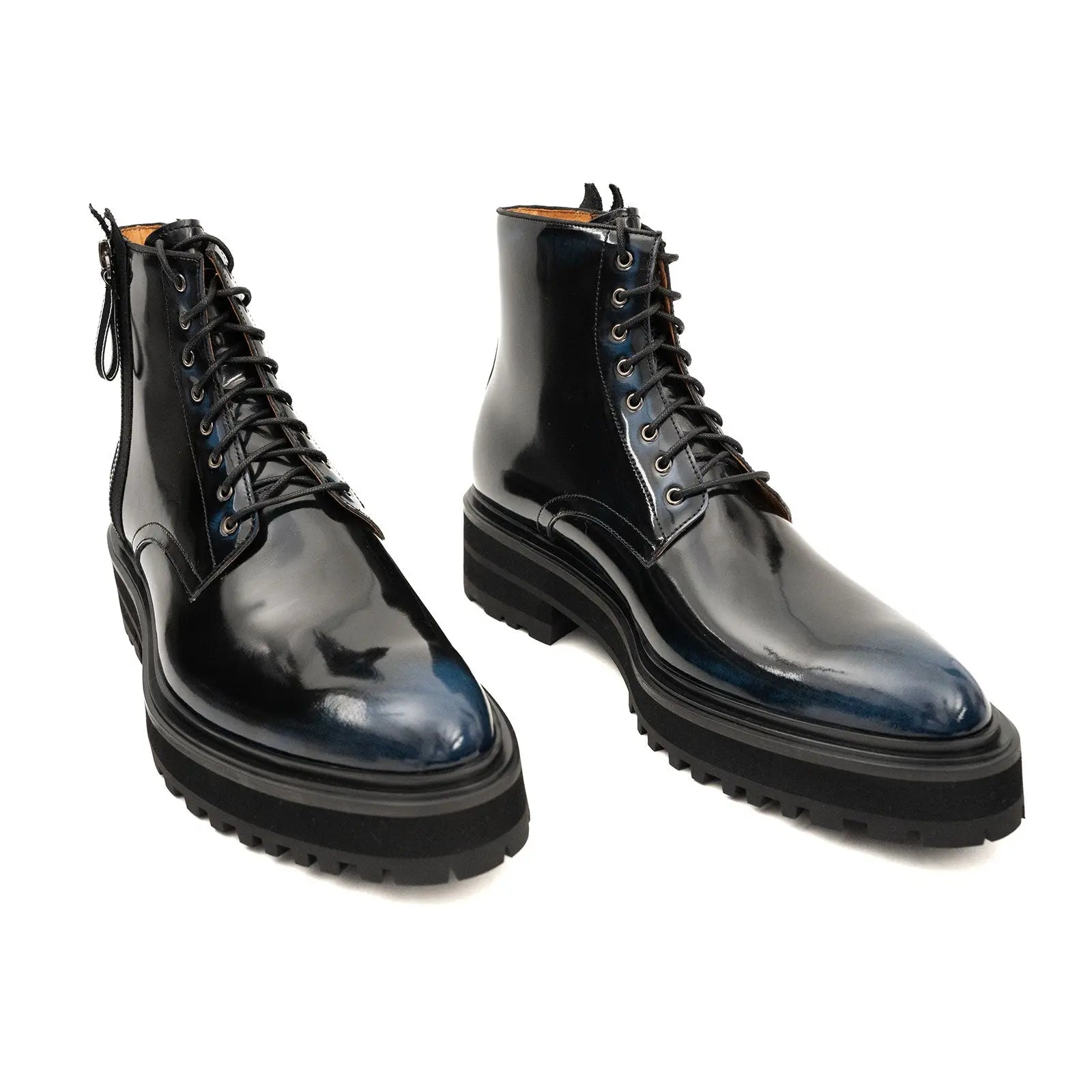 Black Polished Lace-Up Lug Boots