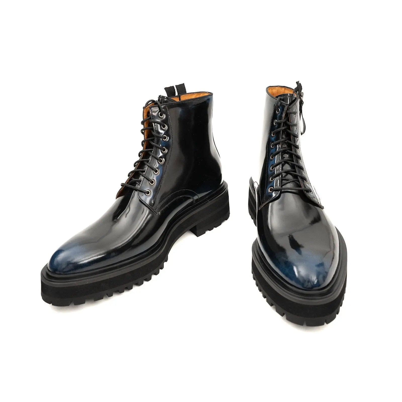 Black Polished Lace-Up Lug Boots