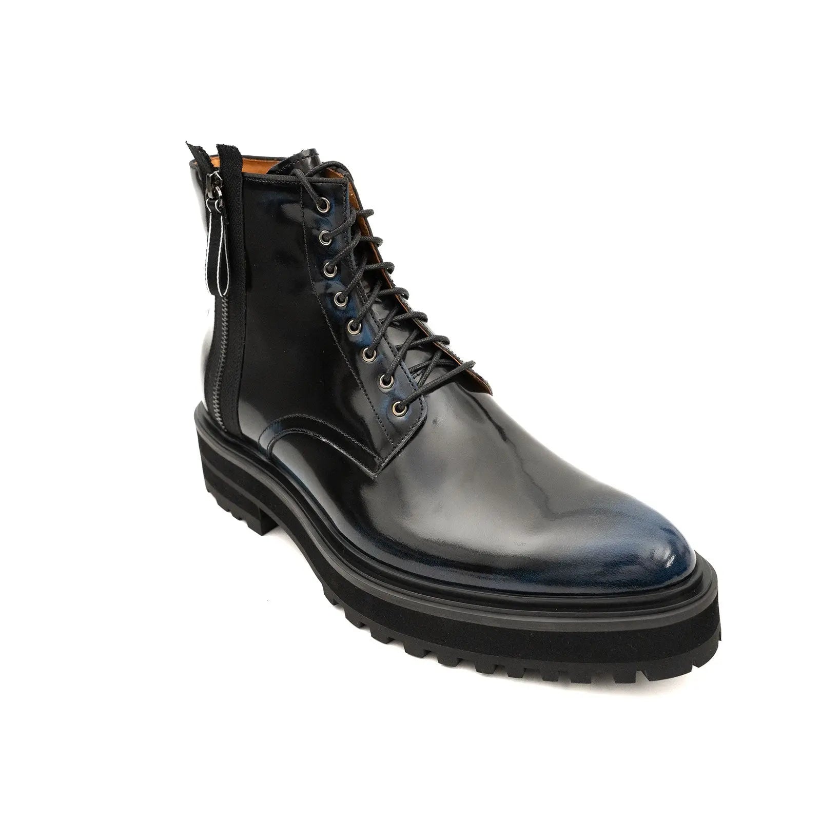 Black Polished Lace-Up Lug Boots