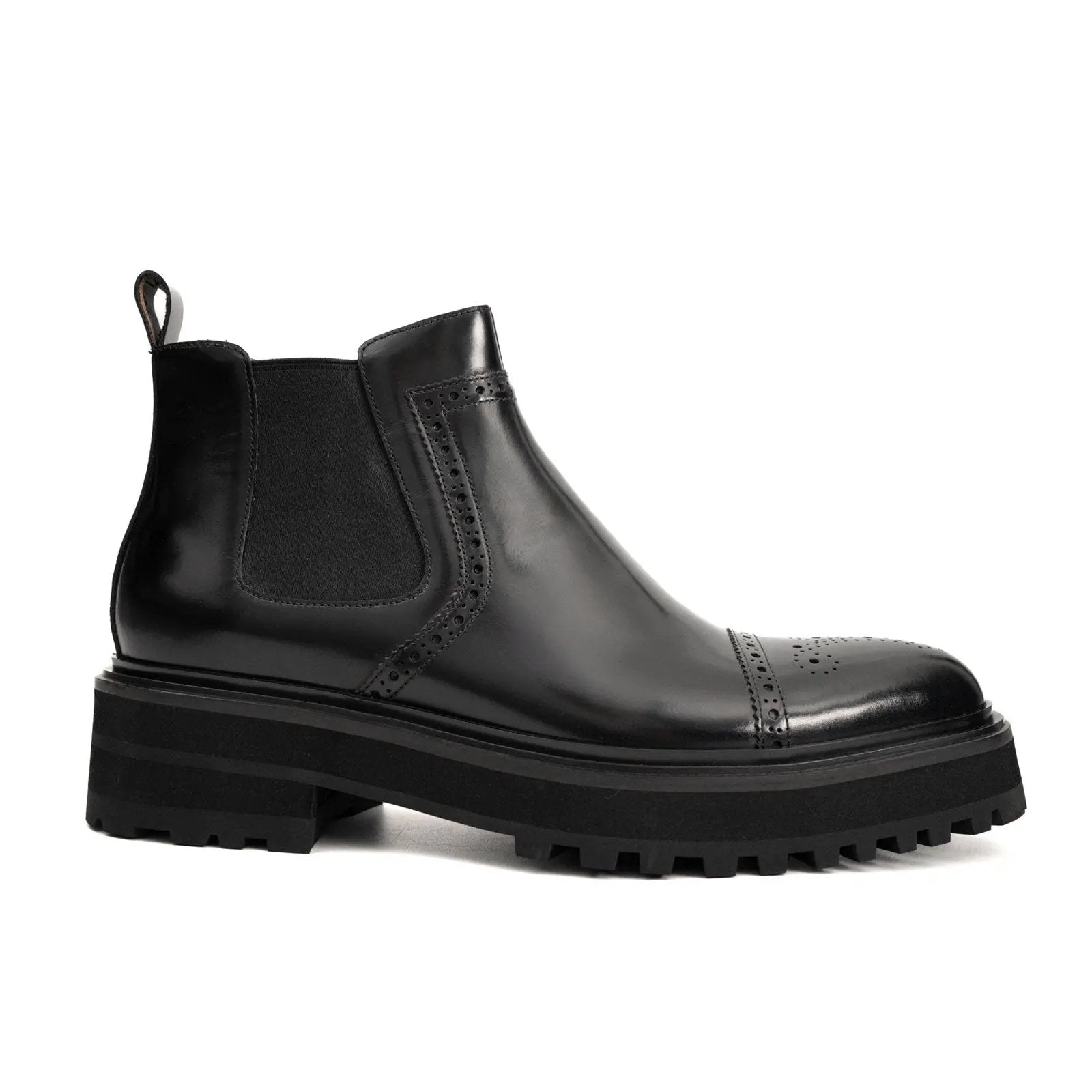 Black Brogued Chelsea Boots with Lug Sole