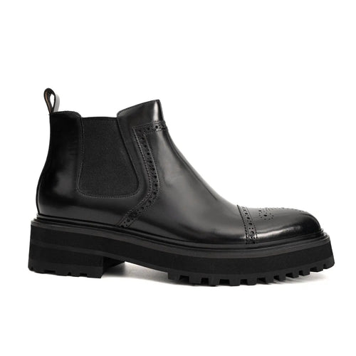 Black Brogued Chelsea Boots with Lug Sole