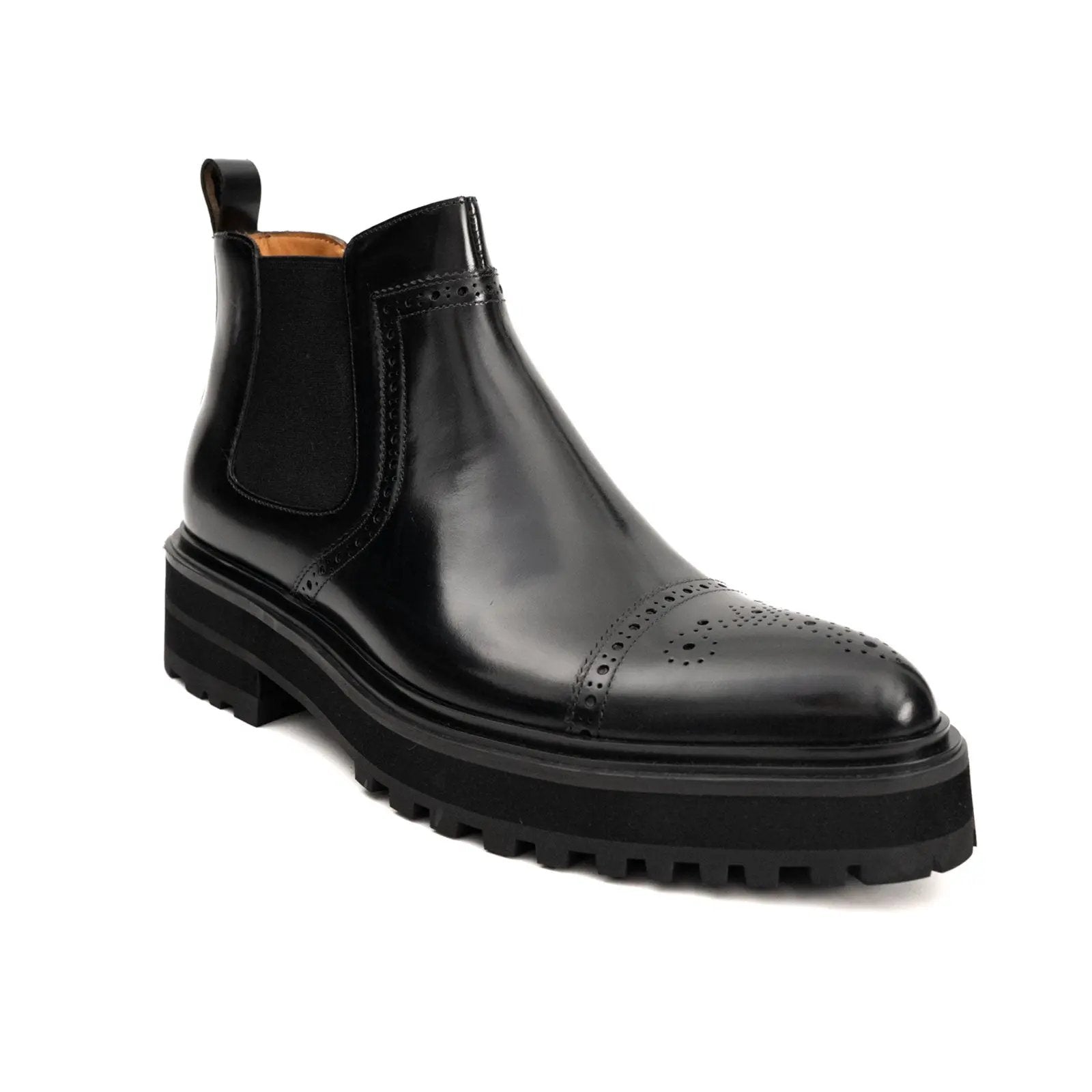 Black Brogued Chelsea Boots with Lug Sole