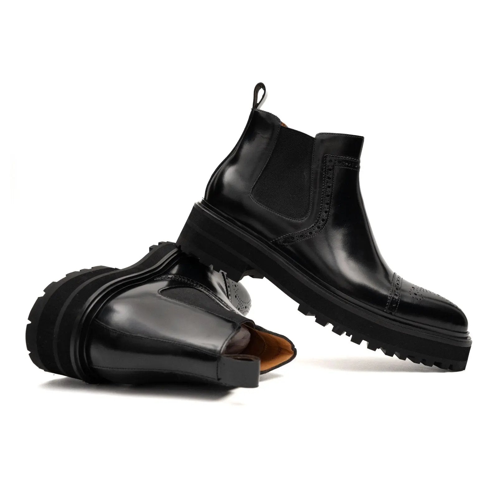 Black Brogued Chelsea Boots with Lug Sole