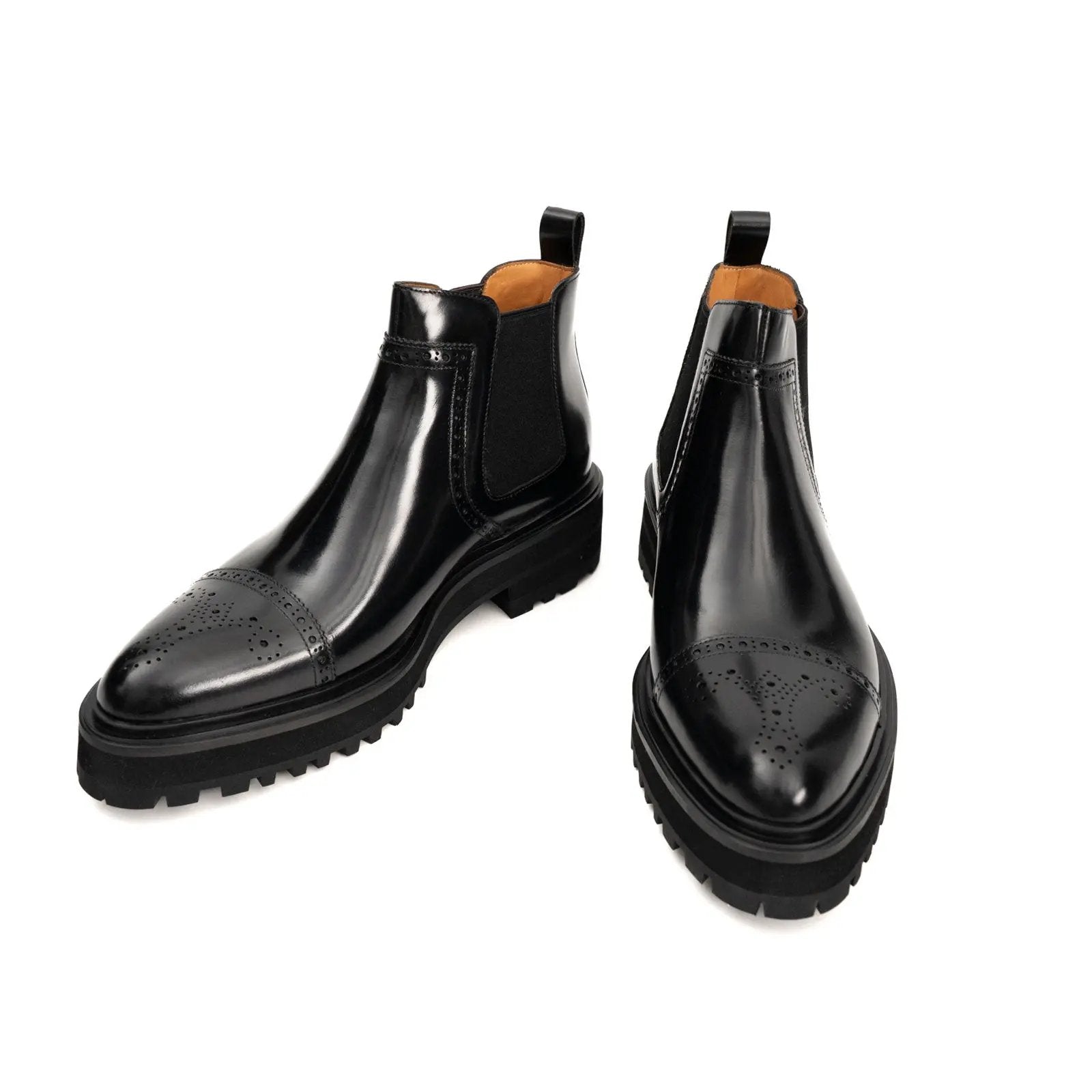 Black Brogued Chelsea Boots with Lug Sole