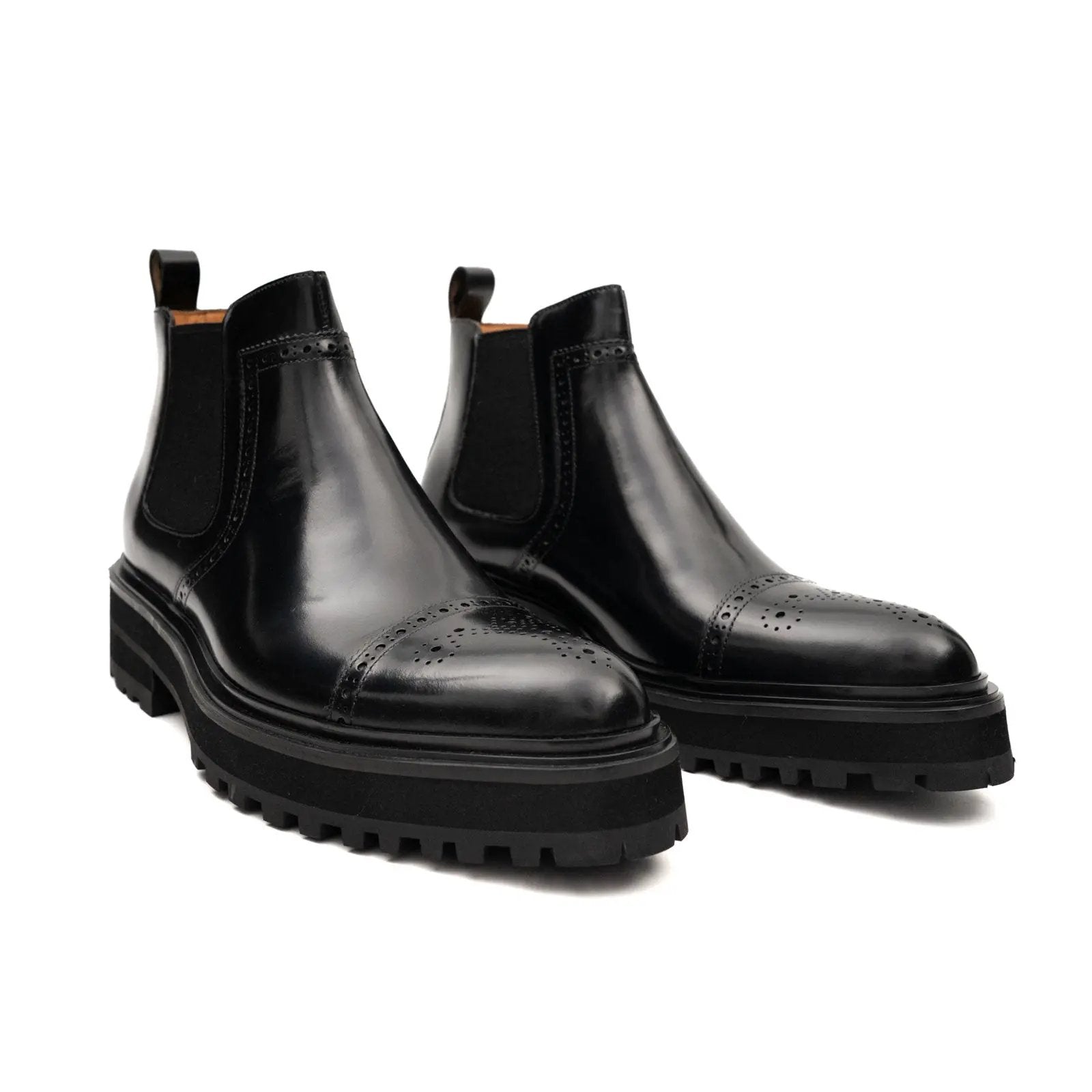 Black Brogued Chelsea Boots with Lug Sole