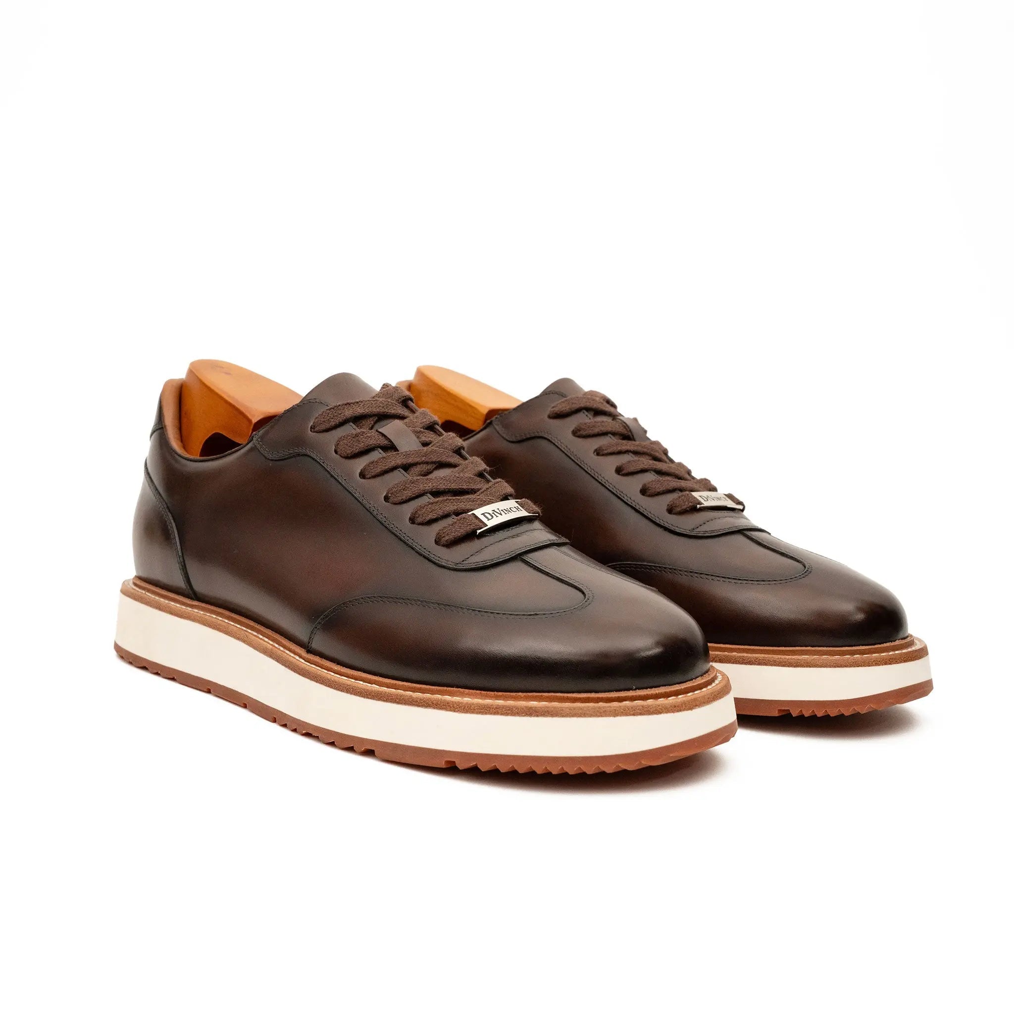 Coffee Leather Lace-Up Platform Shoes