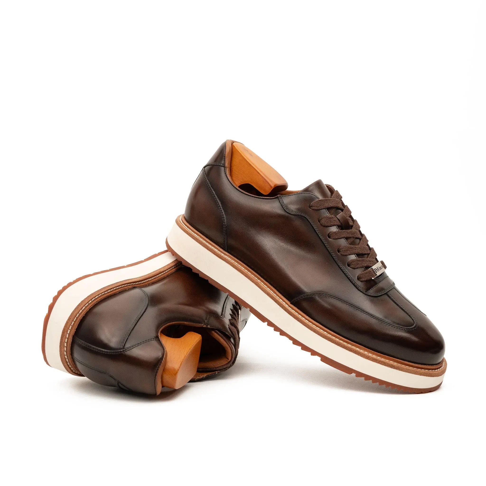 Coffee Leather Lace-Up Platform Shoes