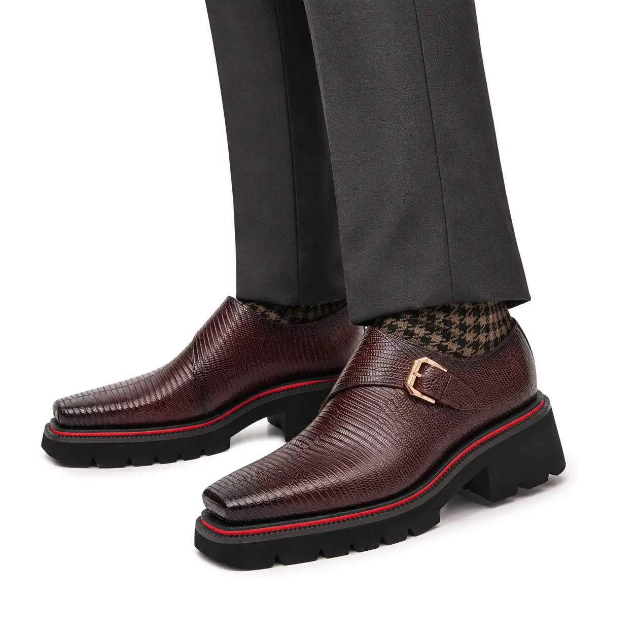 Brown Textured Monk Shoes with Lug Sole