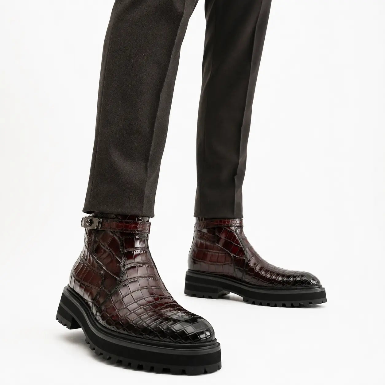 Burgundy Crocodile Chelsea Boots with Buckle