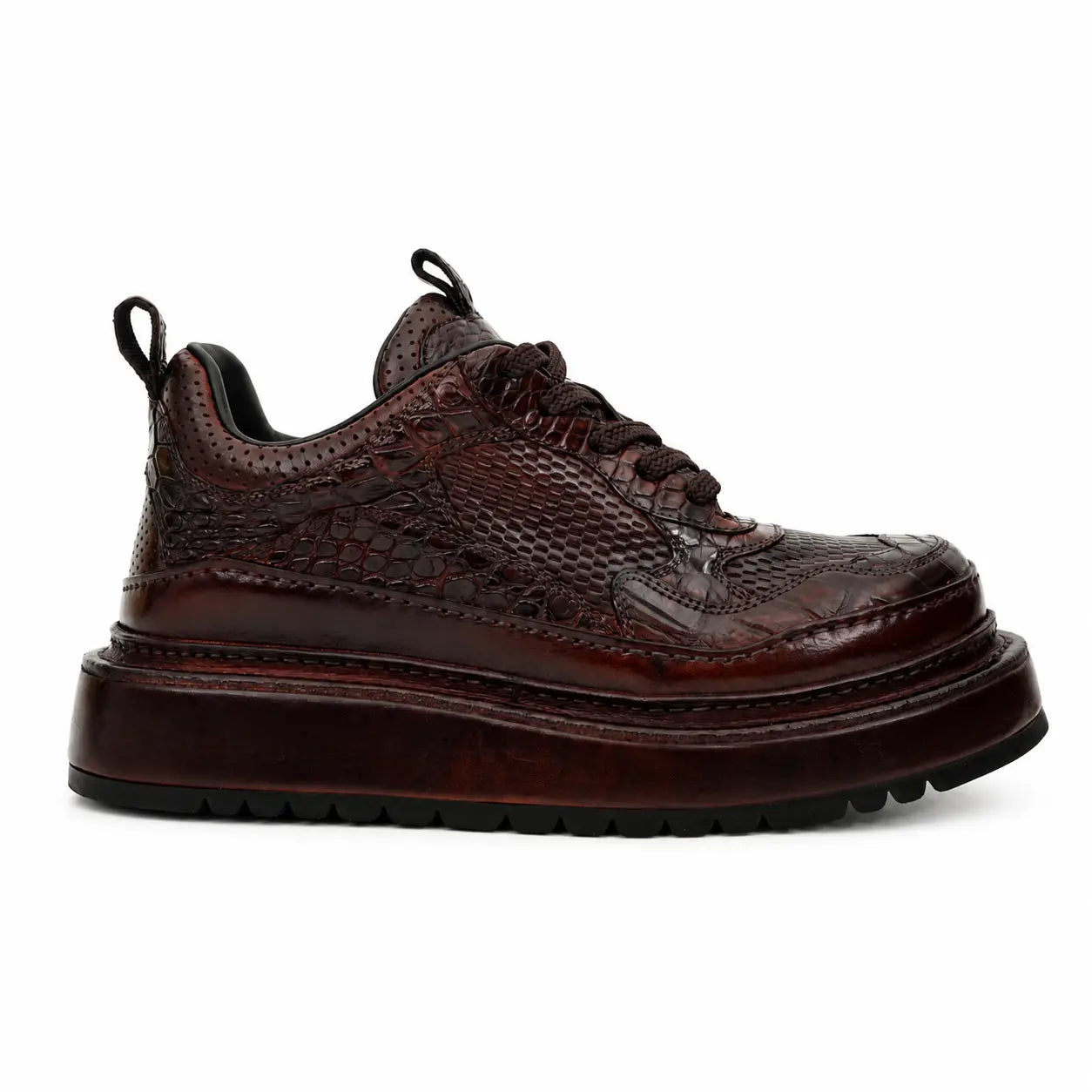 Burgundy Crocodile-Textured Platform Sneaker