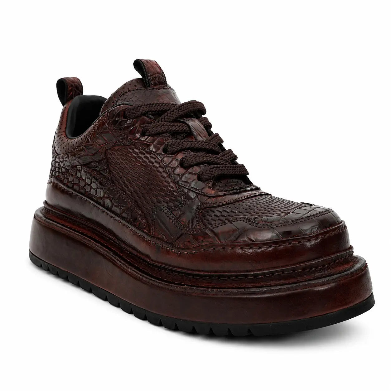 Burgundy Crocodile-Textured Platform Sneaker