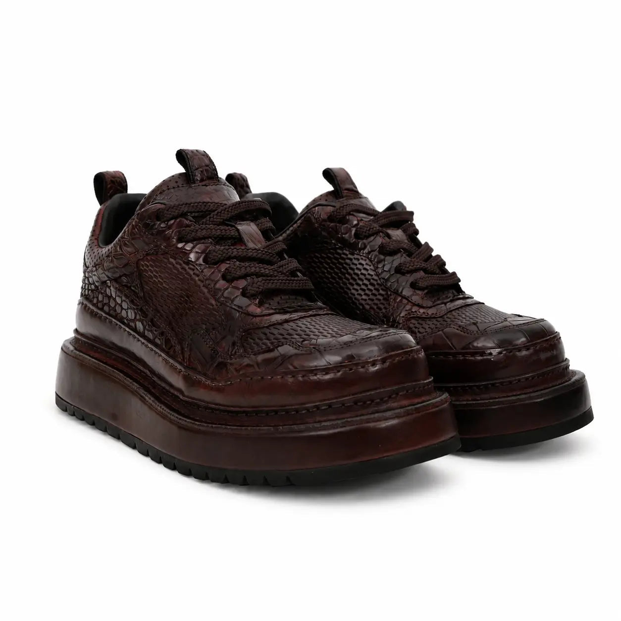 Burgundy Crocodile-Textured Platform Sneaker