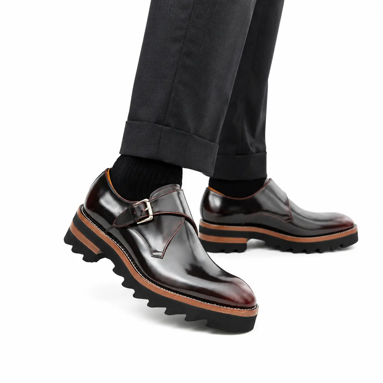 Burgundy Lug Sole Monk Strap