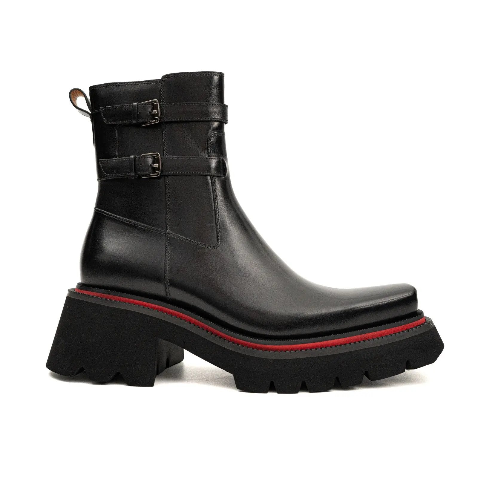 Black Double-Buckle Lug Chelsea Boots