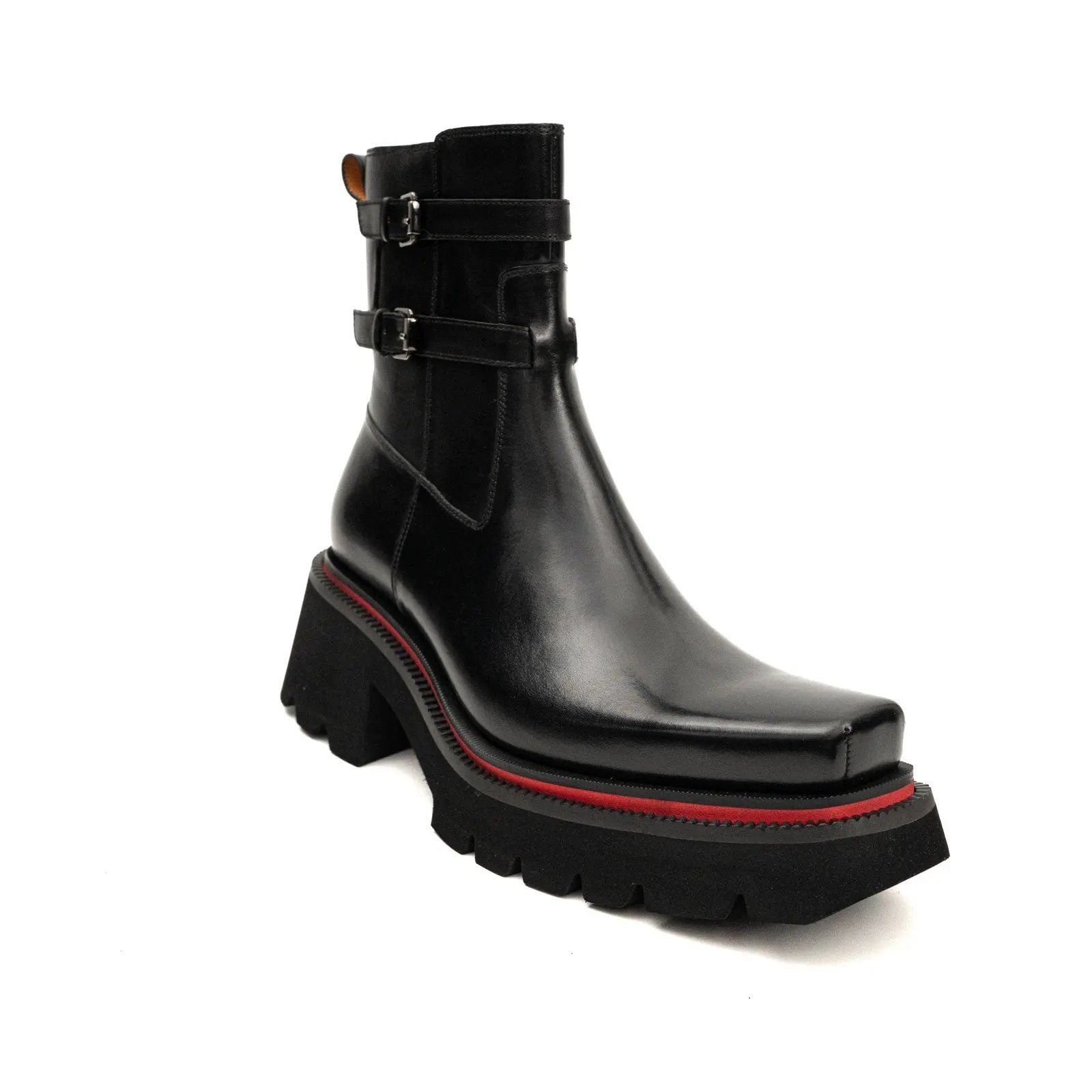 Black Double-Buckle Lug Chelsea Boots