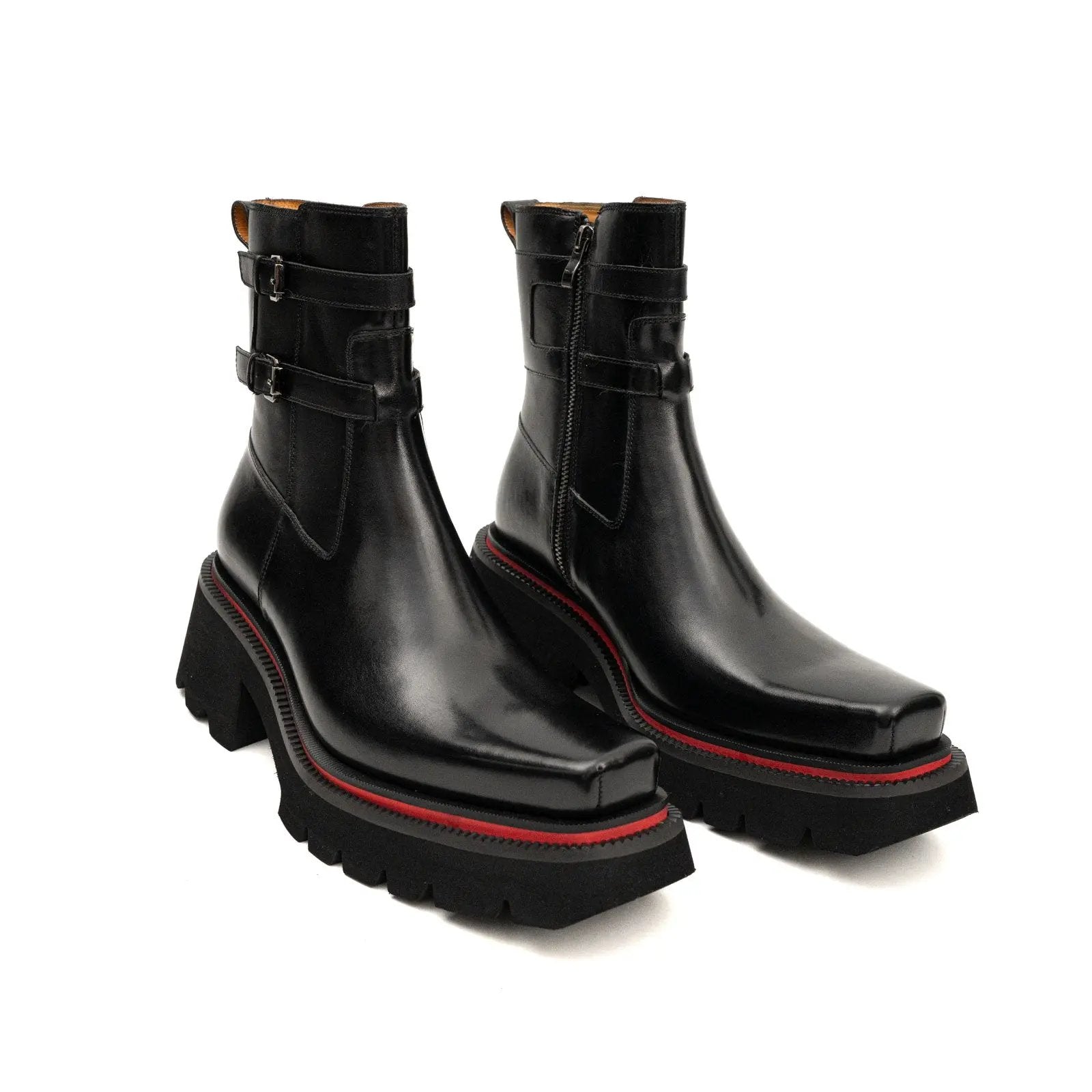 Black Double-Buckle Lug Chelsea Boots