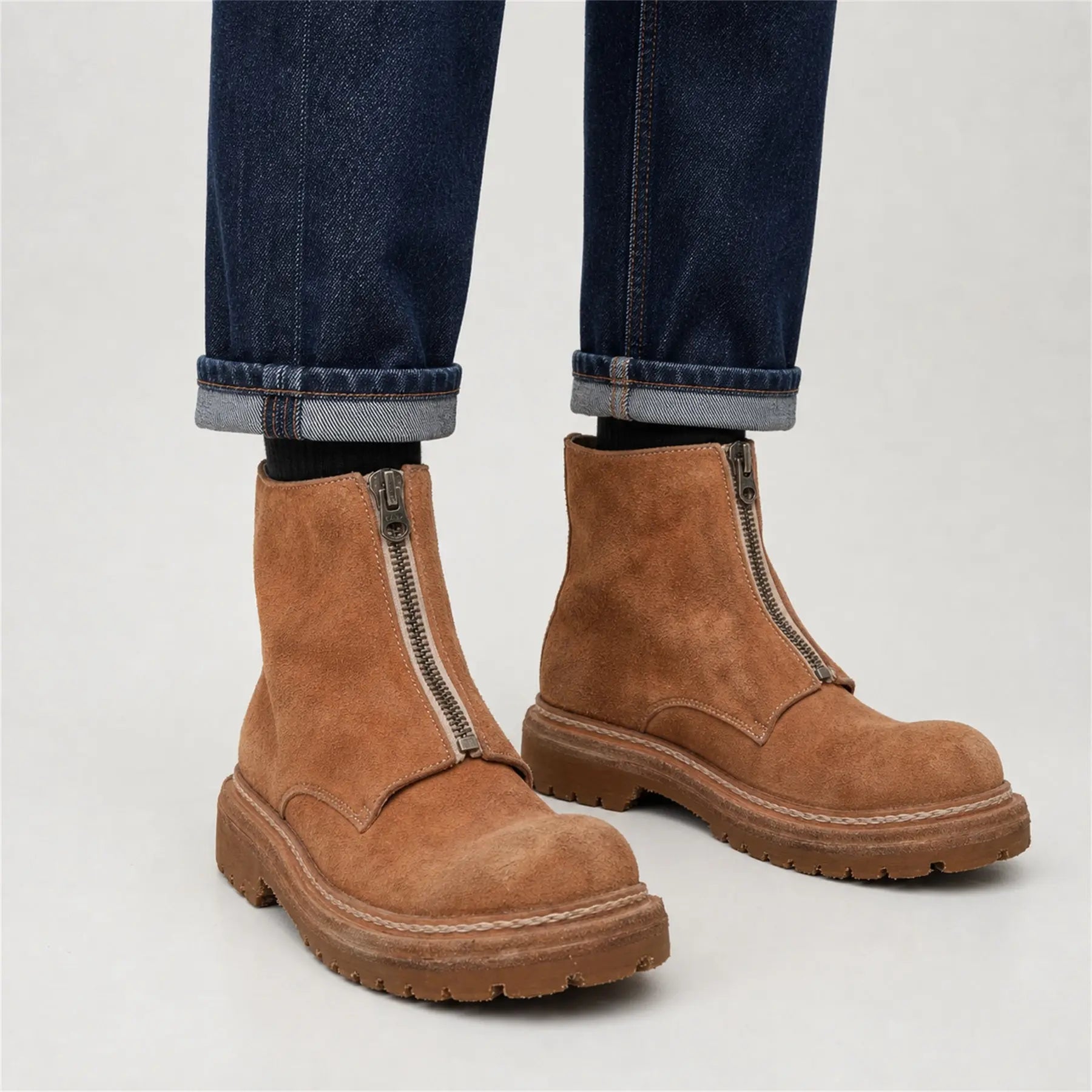 Camel Suede Zip Ankle Boots for Men