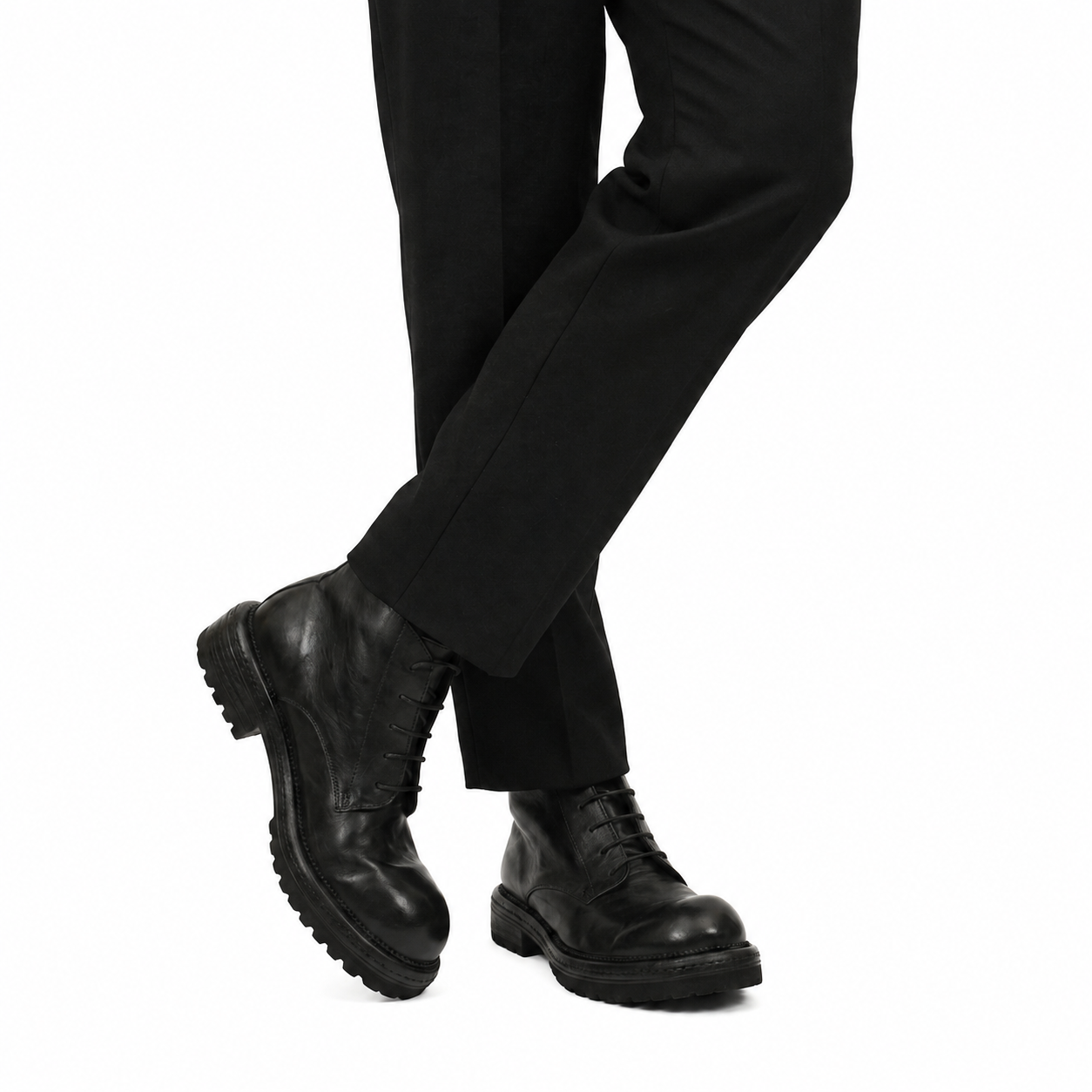 Black Washed Leather Lace-Up Boots