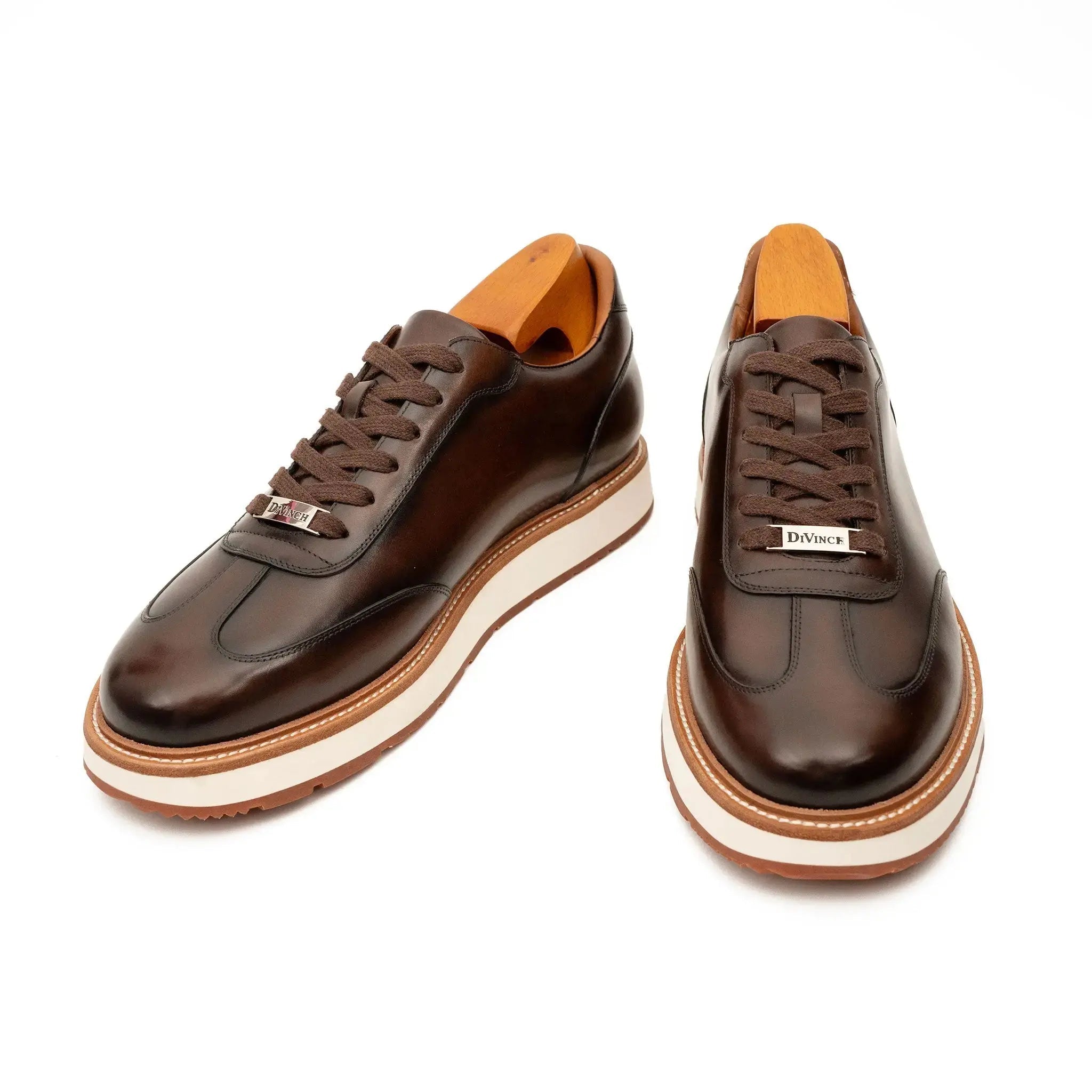 Coffee Leather Lace-Up Platform Shoes