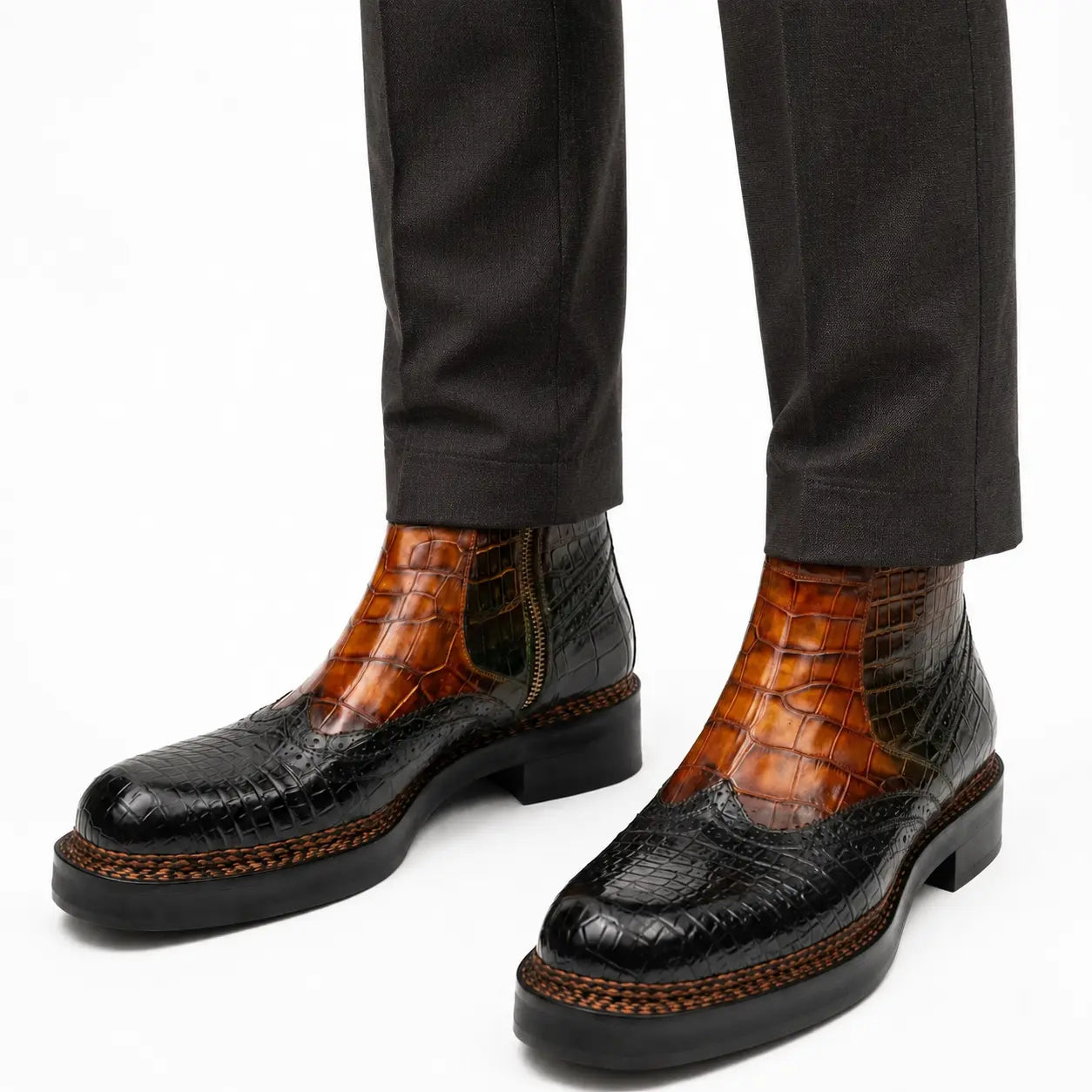 Cognac-Black Crocodile Chelsea Boot