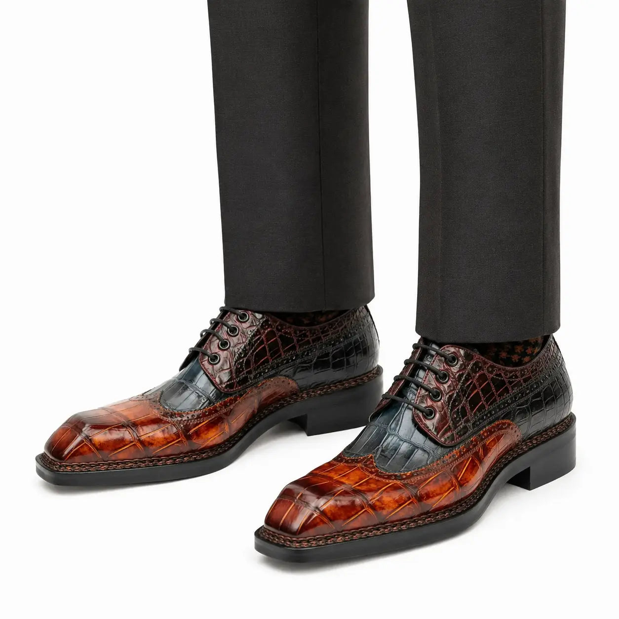 Cognac Black Crocodile Derby Shoe