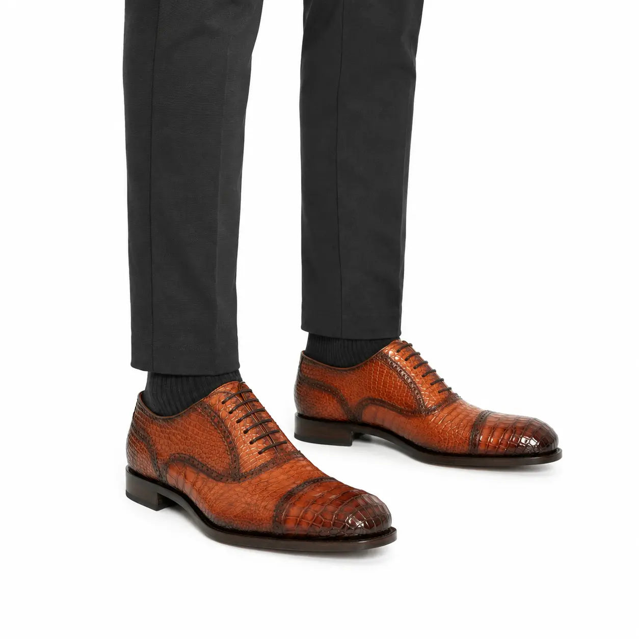 Cognac Croc-Embossed Oxford Shoe