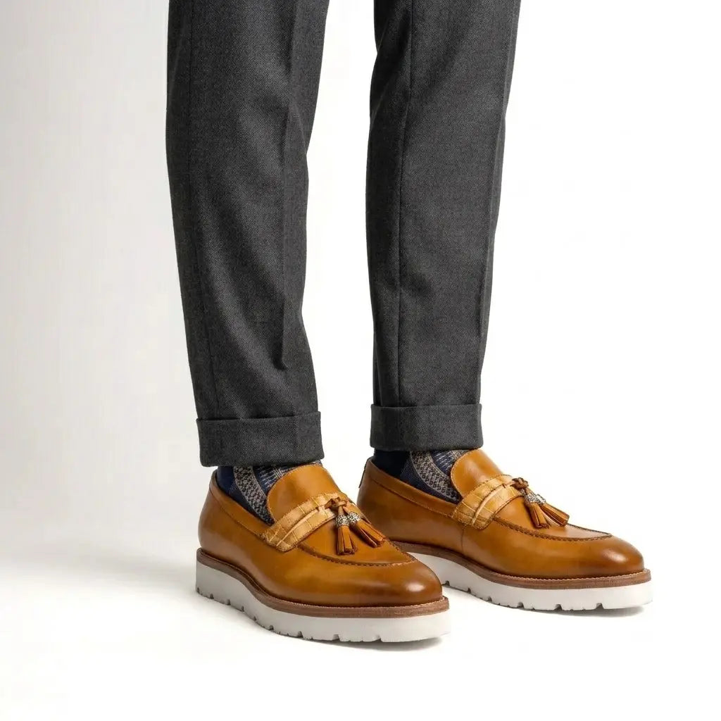 Cognac Tassel Loafer with White Sole