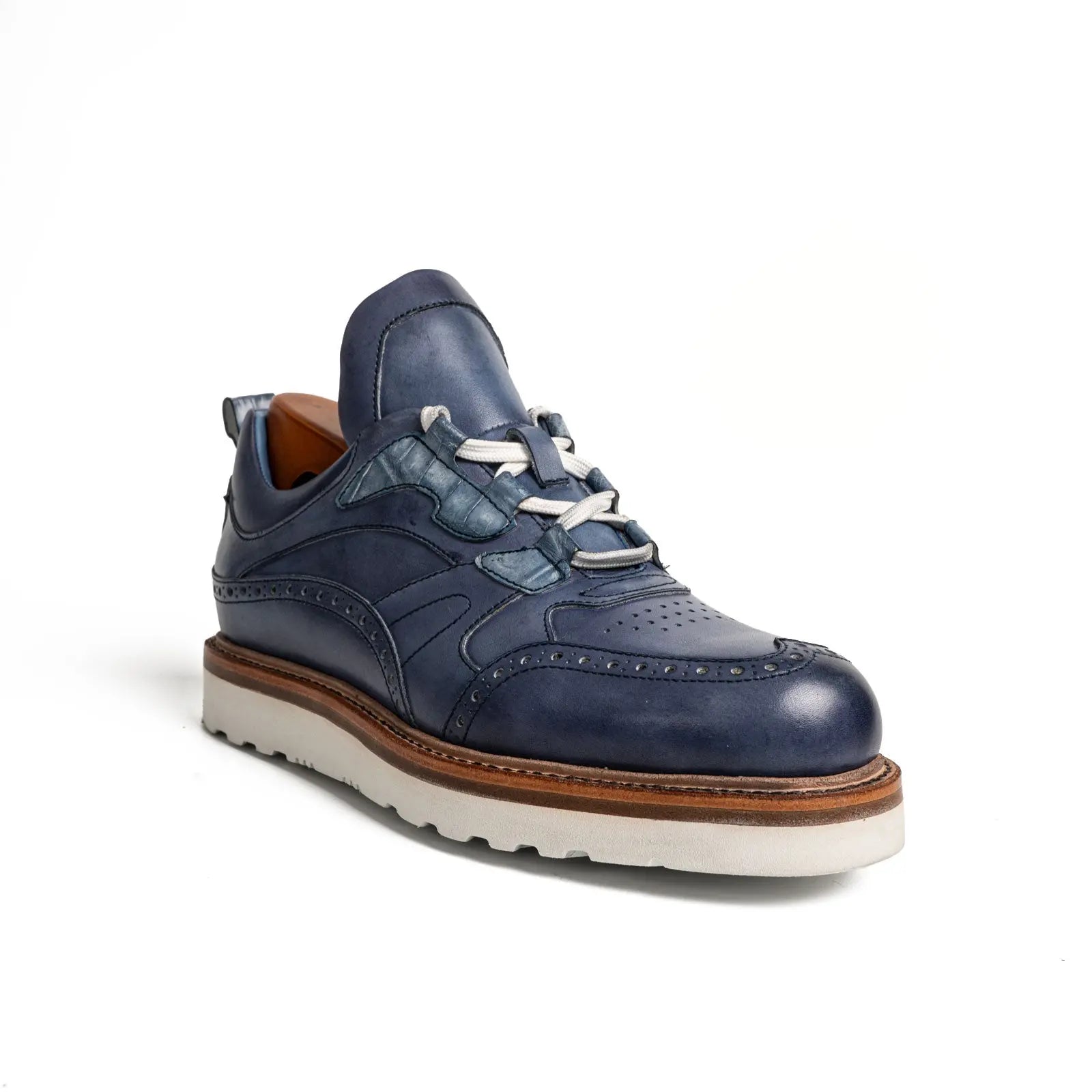 Blue Brogue Casual Shoes with White Sole
