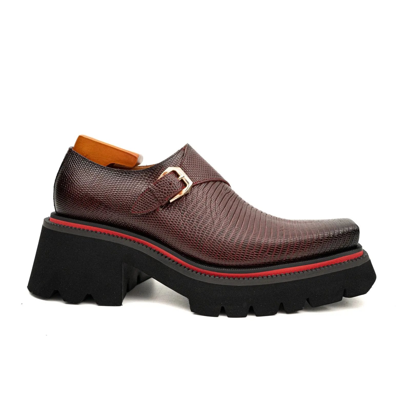 Brown Textured Monk Shoes with Lug Sole