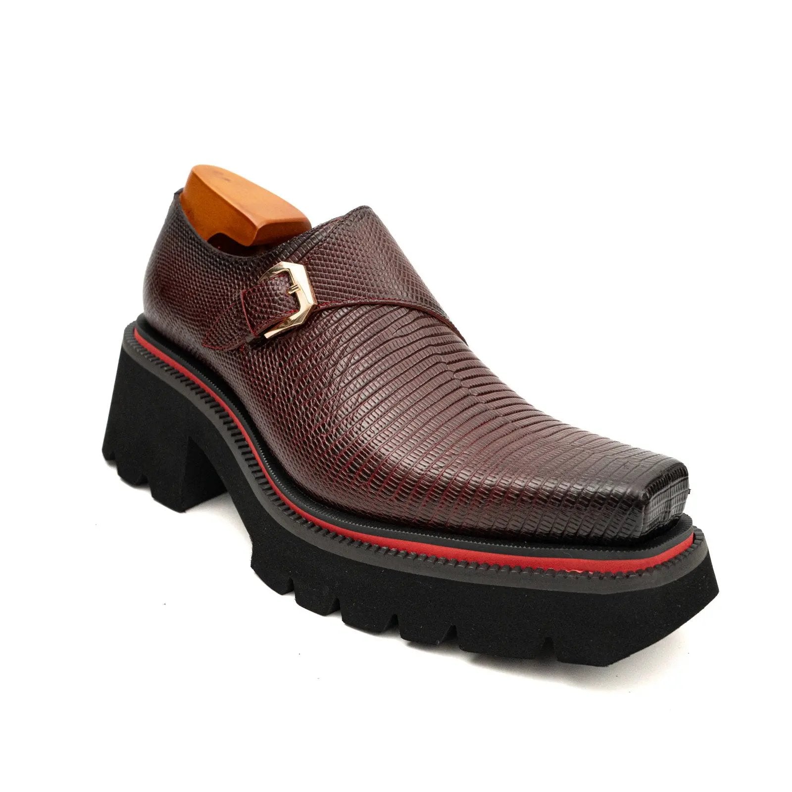 Brown Textured Monk Shoes with Lug Sole