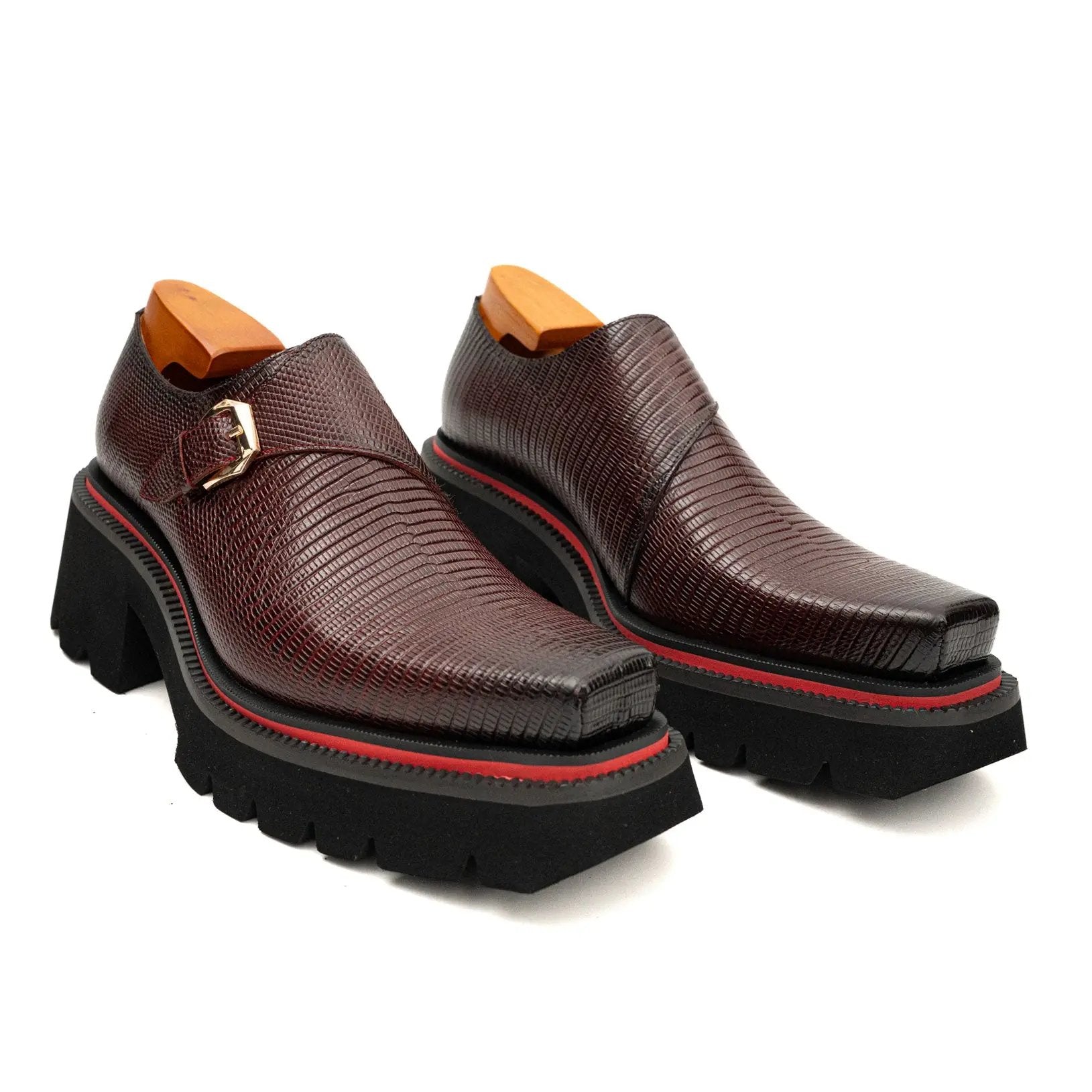 Brown Textured Monk Shoes with Lug Sole