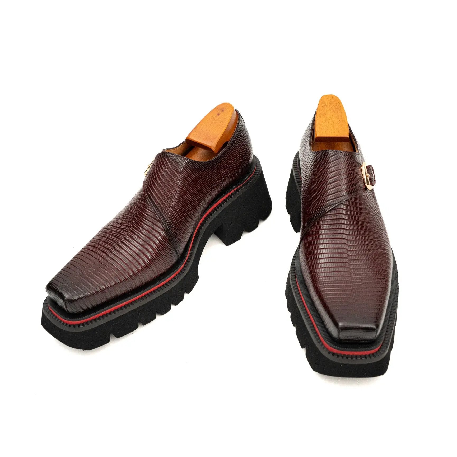 Brown Textured Monk Shoes with Lug Sole