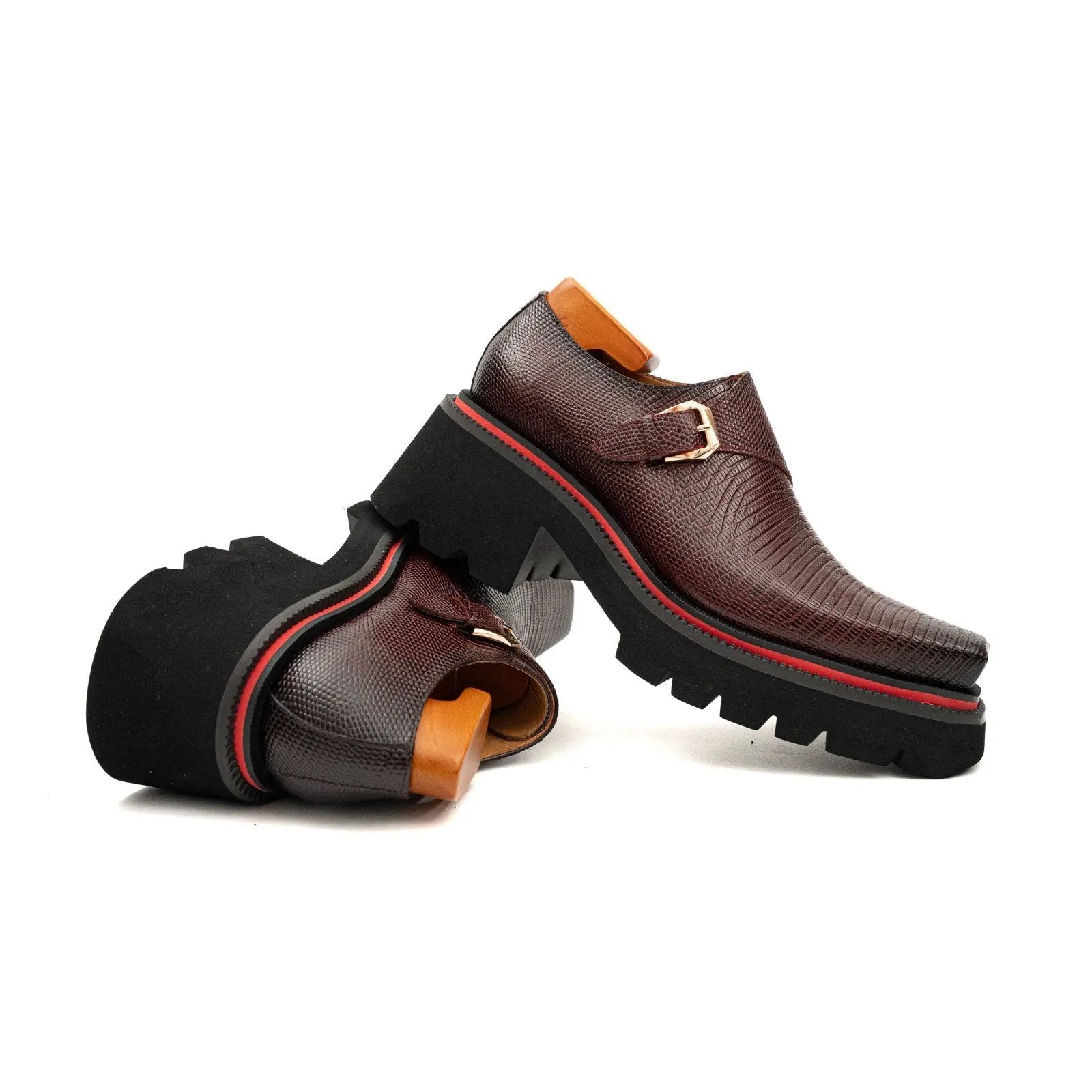 Brown Textured Monk Shoes with Lug Sole