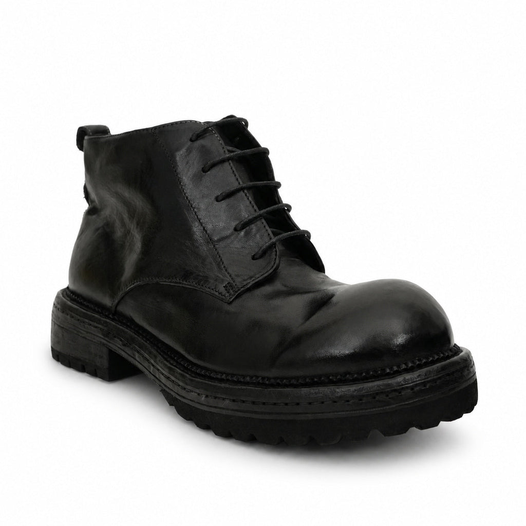Black Washed Leather Lace-Up Boots