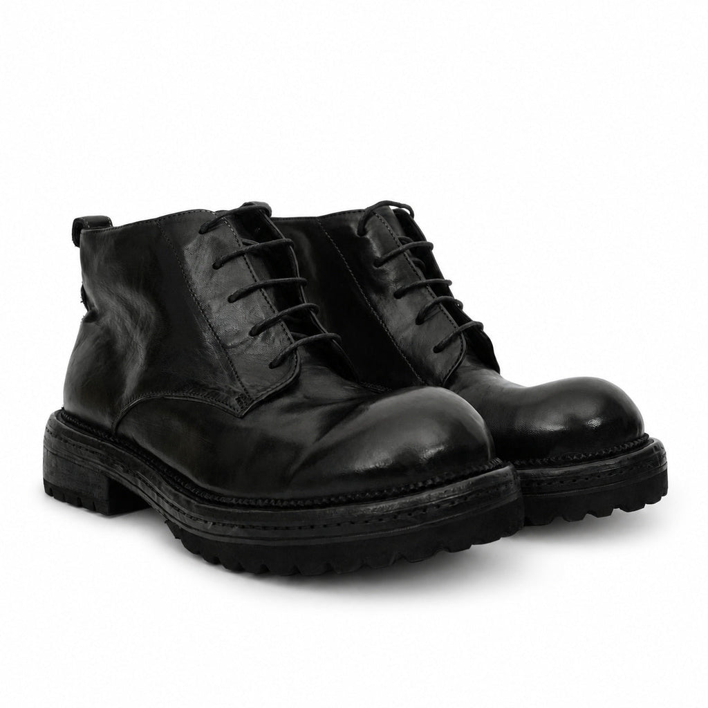 Black Washed Leather Lace-Up Boots