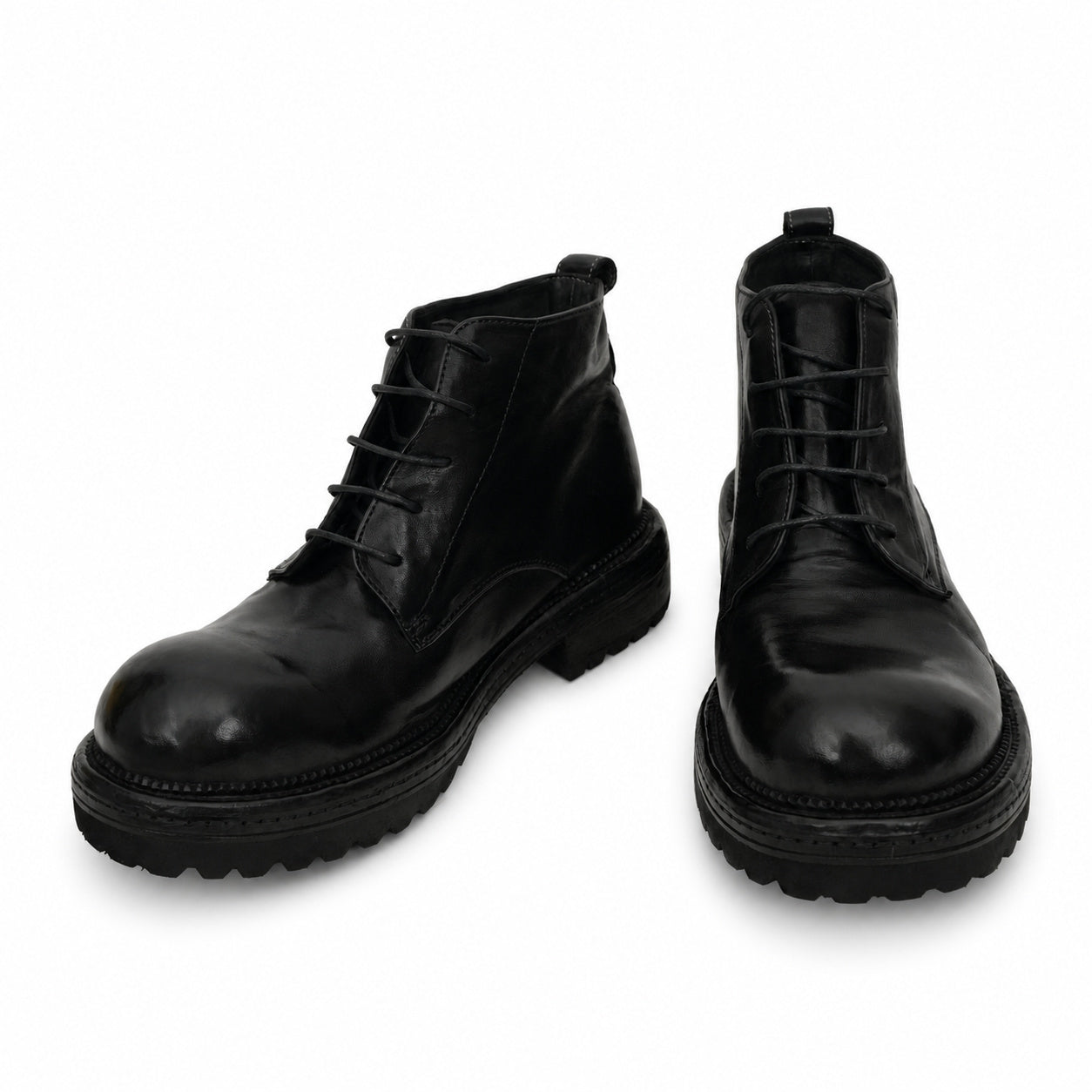 Black Washed Leather Lace-Up Boots